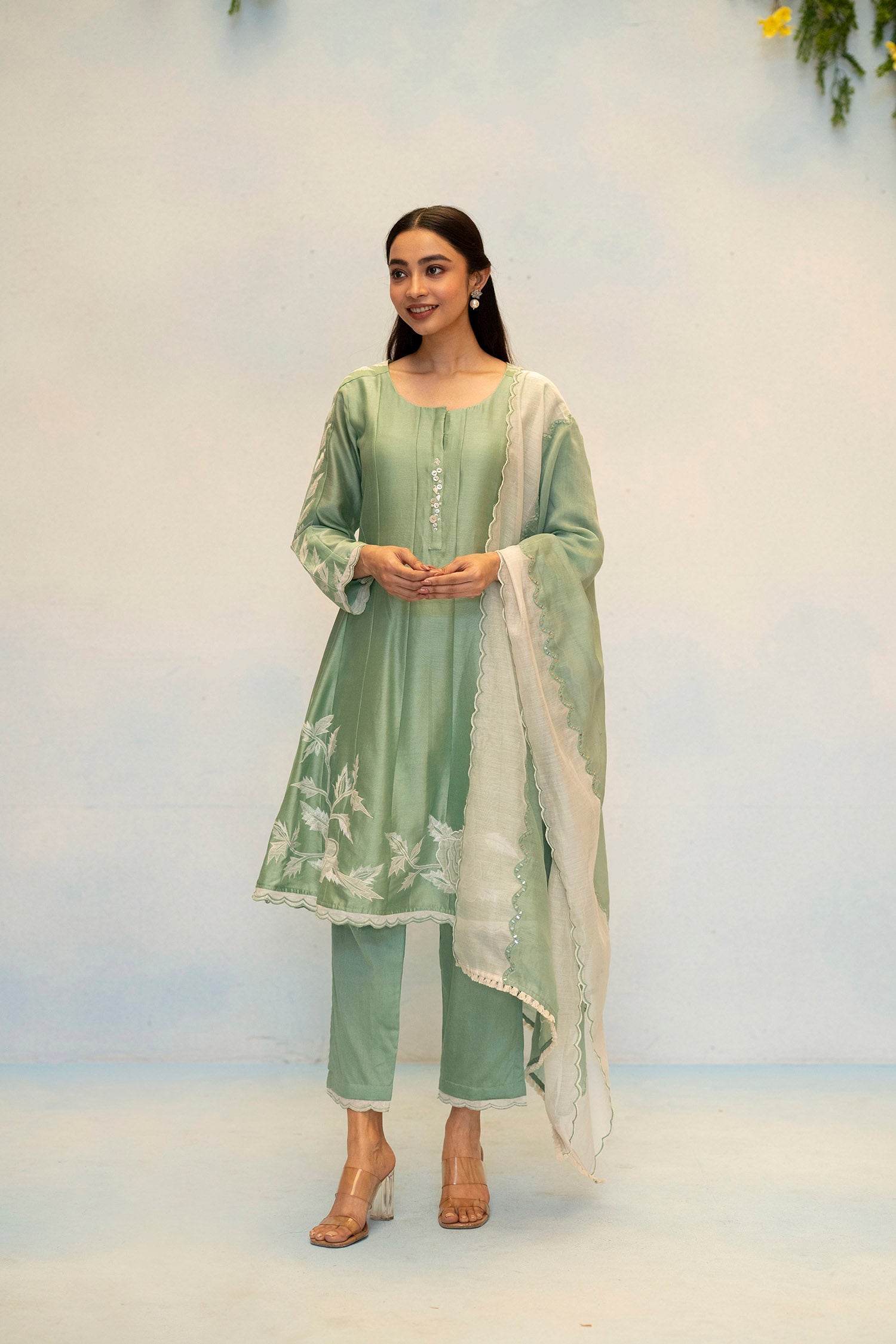 Seher Silk Chanderi Anarkali Set in Aqua Green