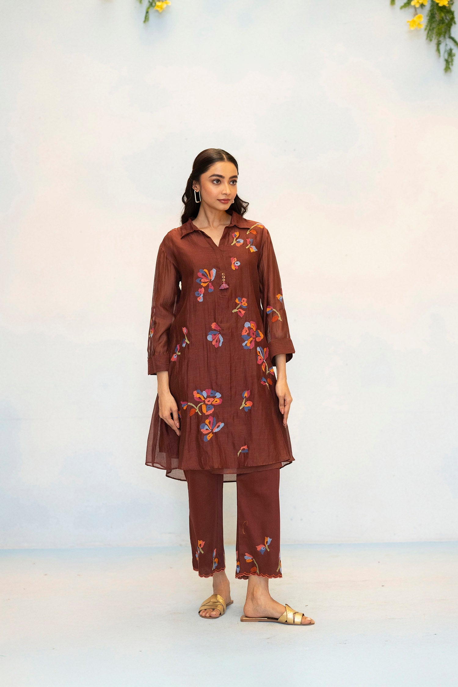 Aab Mul Chanderi Co-ord Set in Cocoa Brown
