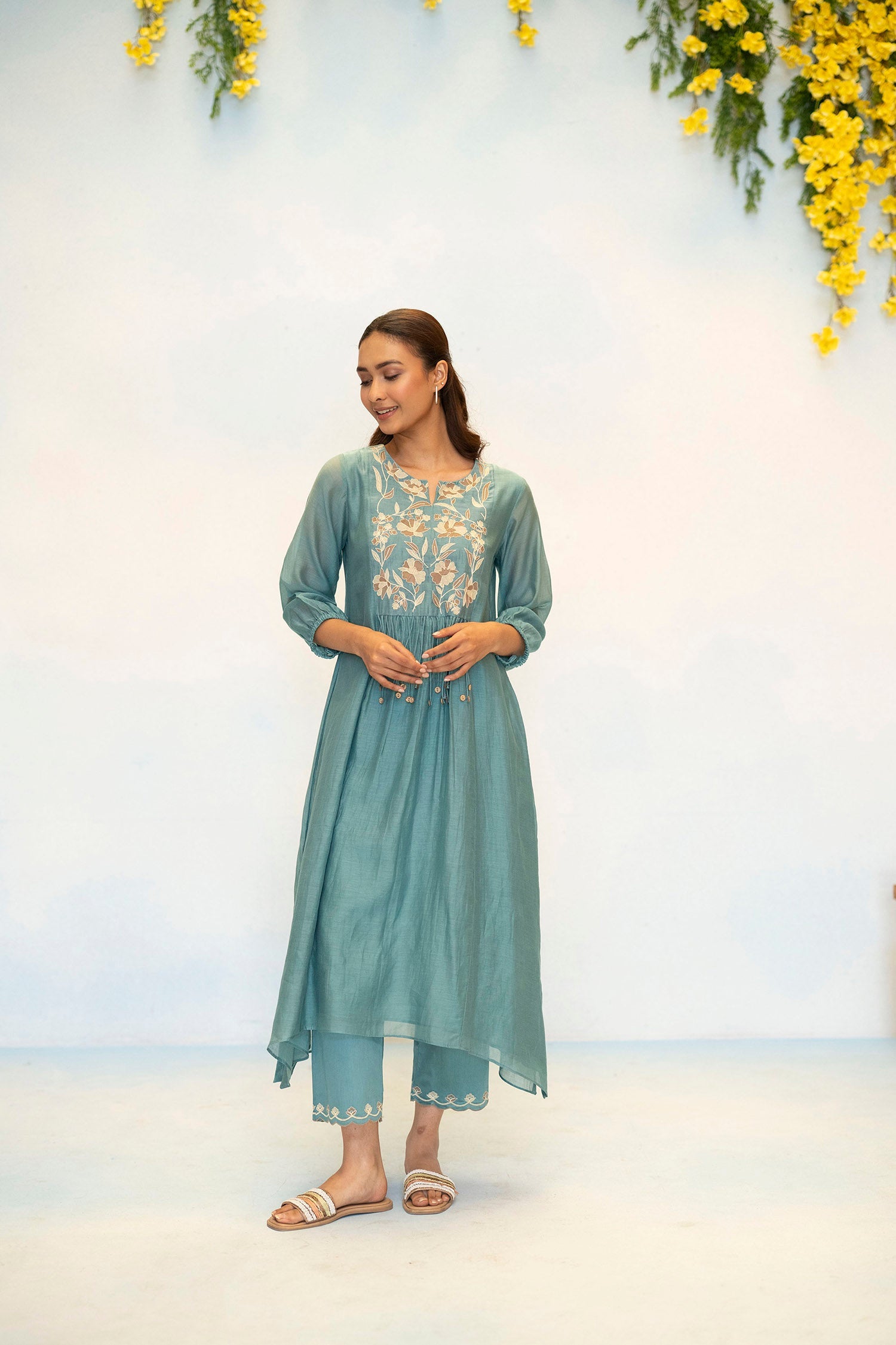 Noorani Mul Chanderi Aline Kurta Set in Teal Blue