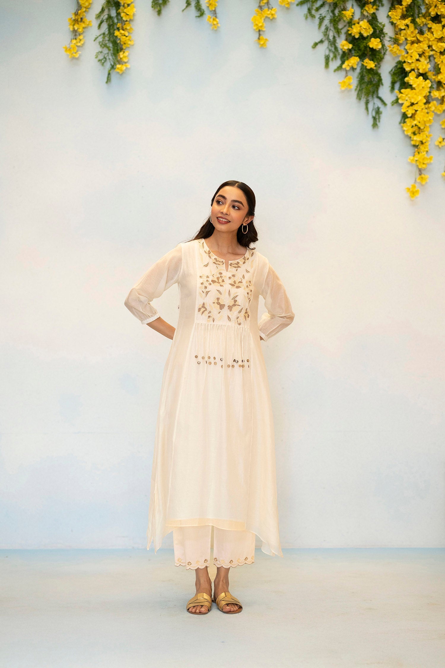 Noorani Mul Chanderi Aline Kurta Set in Pearl White