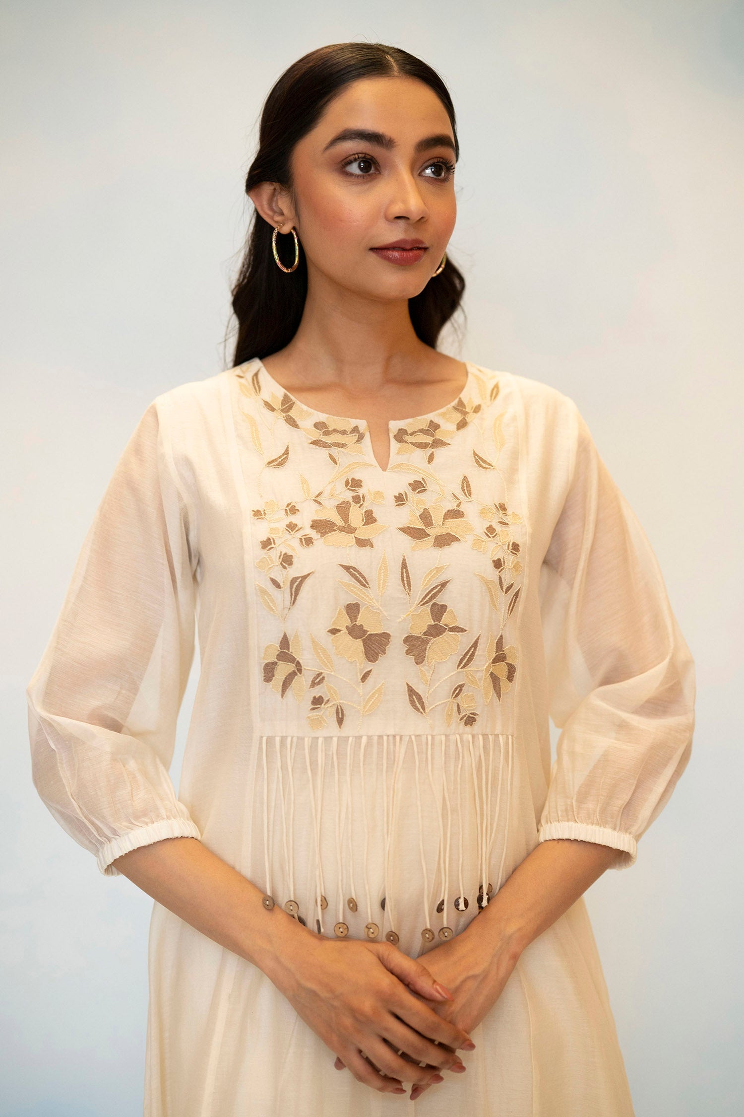 Noorani Mul Chanderi Aline Kurta Set in Pearl White
