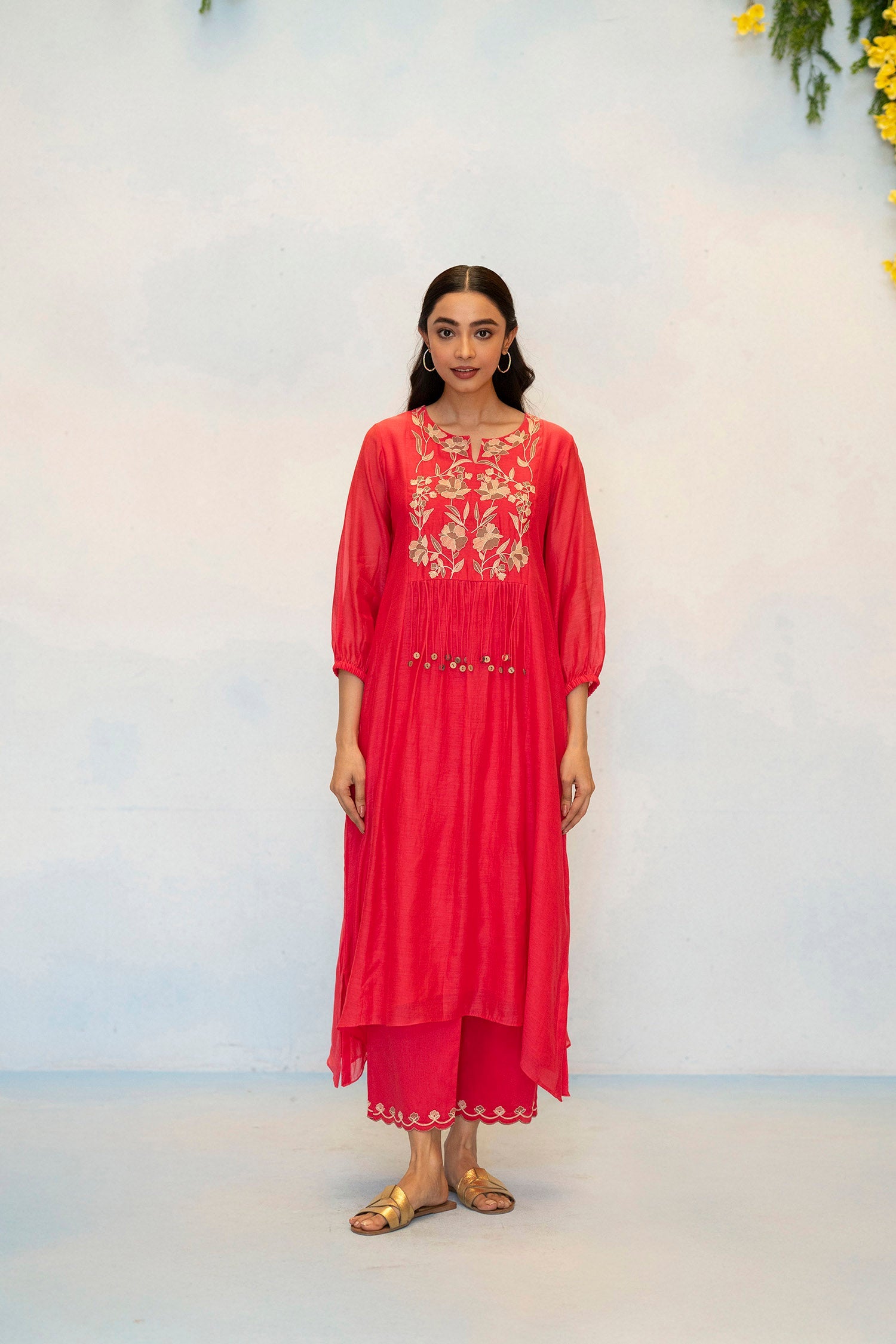 Noorani Mul Chanderi Aline Kurta Set in Pink