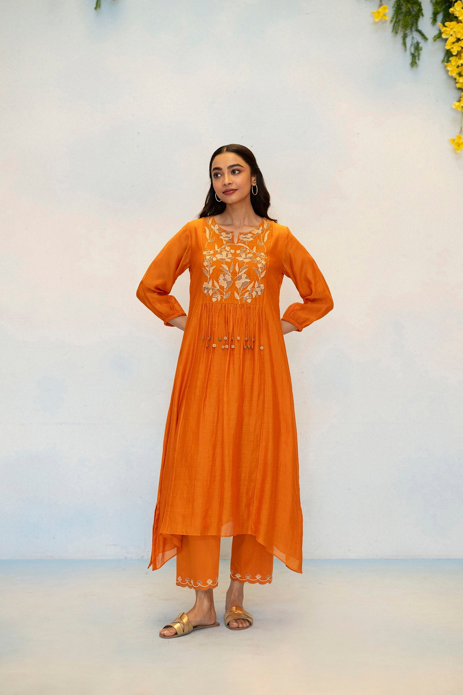 Noorani Mul Chanderi Aline Kurta Set in Orange