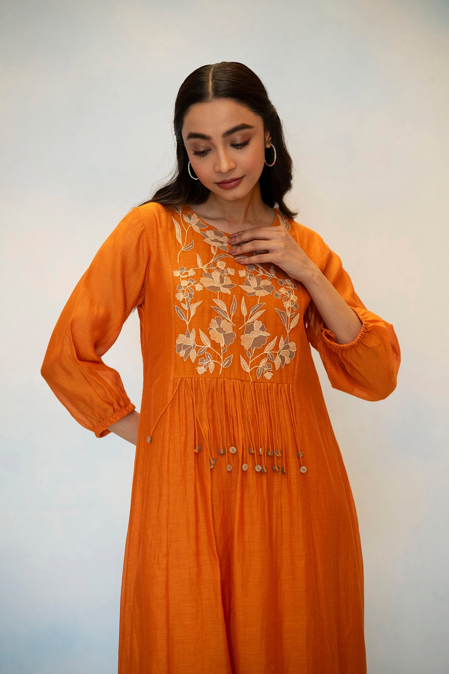 Noorani Mul Chanderi Aline Kurta Set in Orange