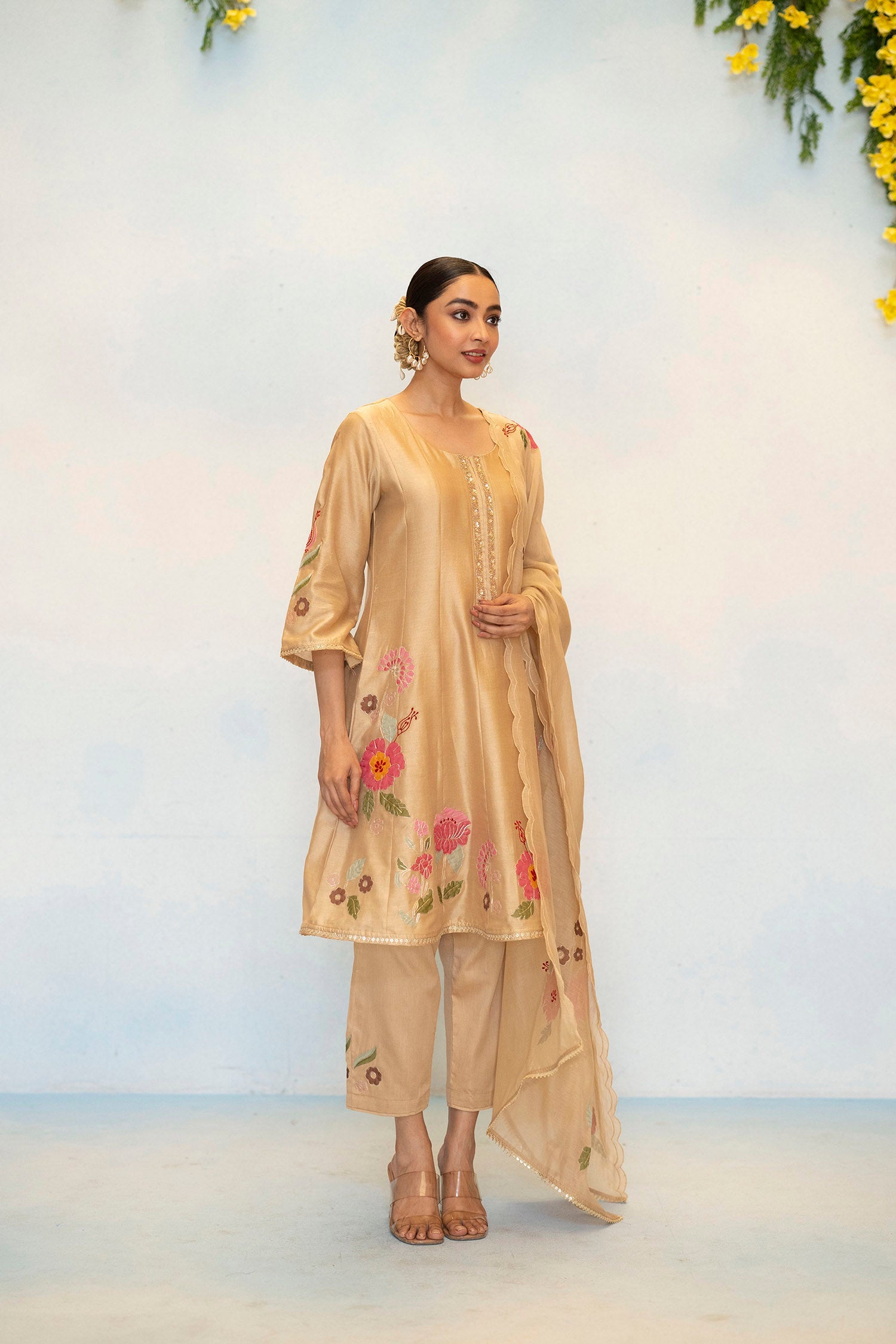 Gul Silk Chanderi Anarkali Set in Beige