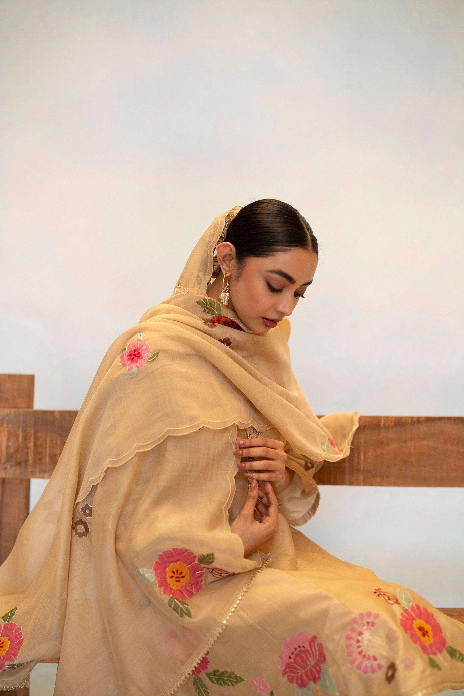 Gul Silk Chanderi Anarkali Set in Beige