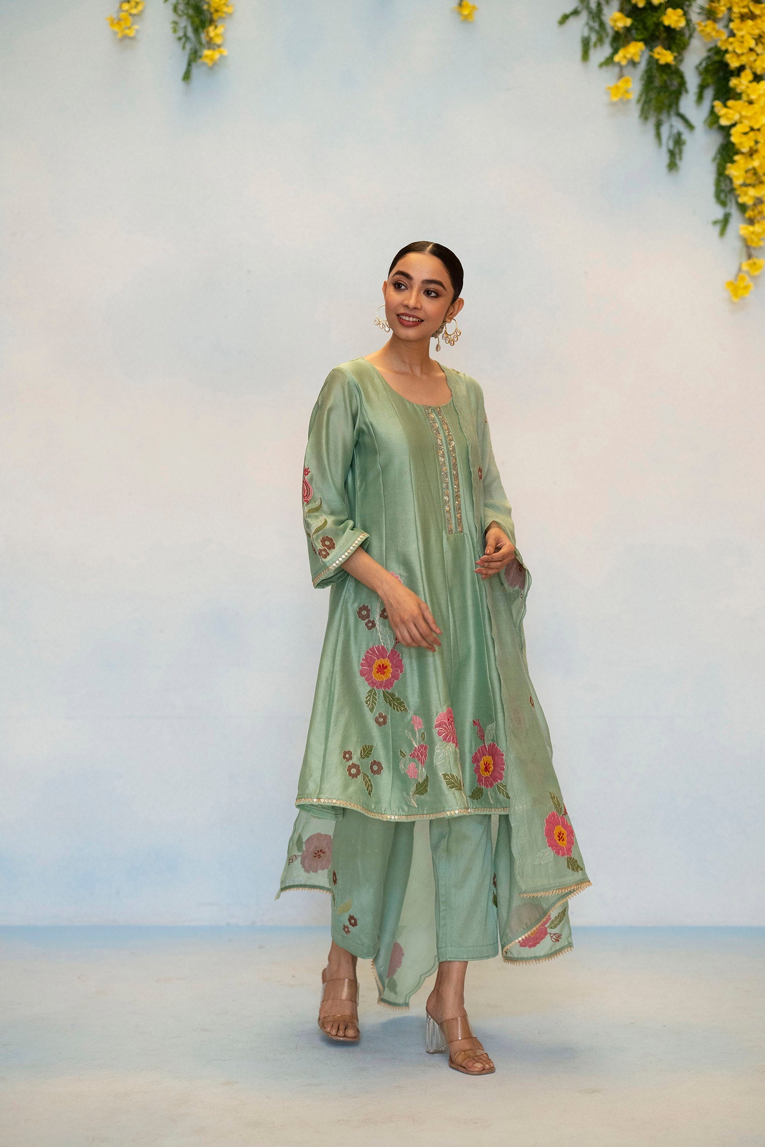 Gul Silk Chanderi Anarkali Set in Aqua Blue