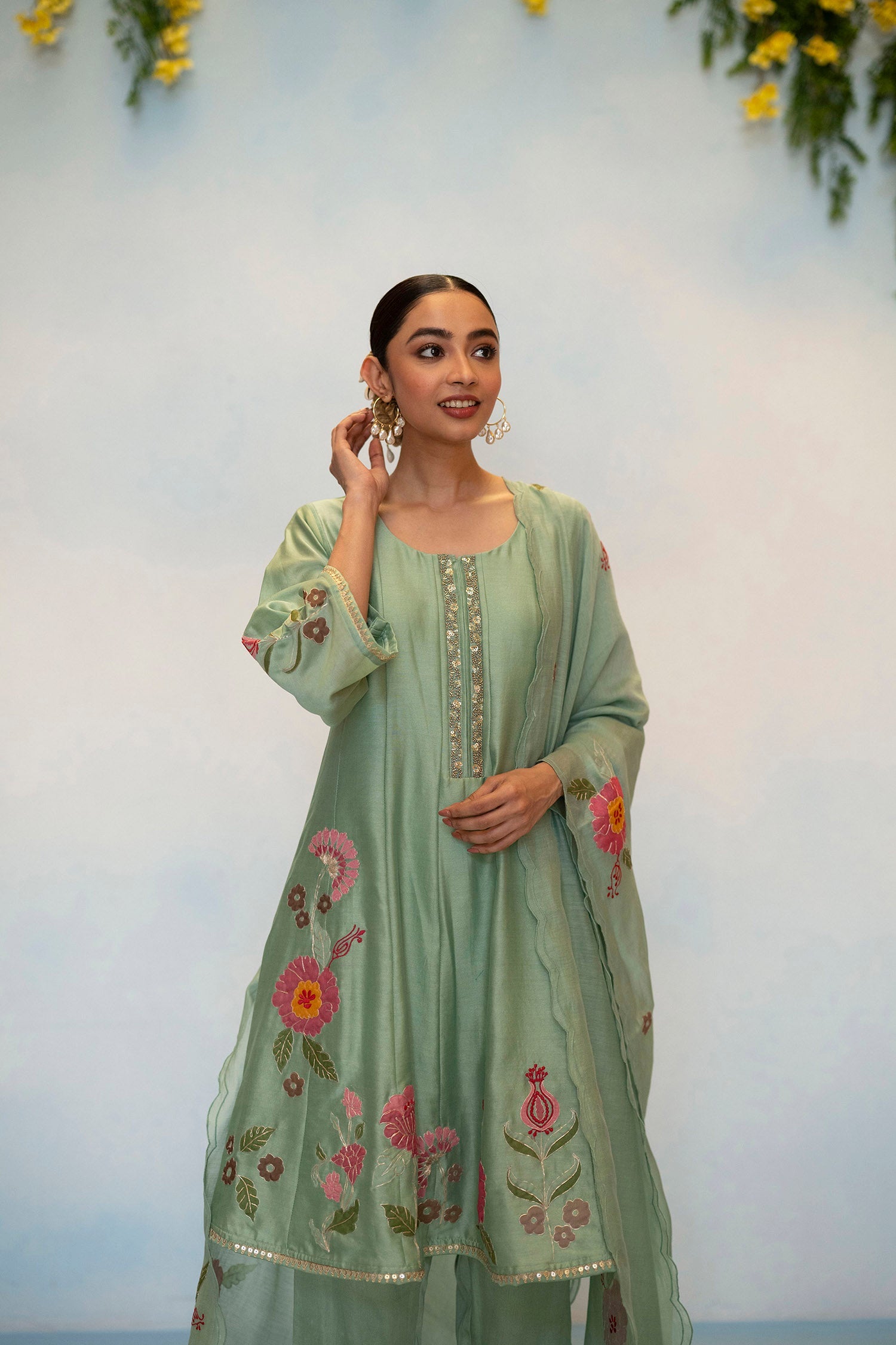 Gul Silk Chanderi Anarkali Set in Aqua Blue