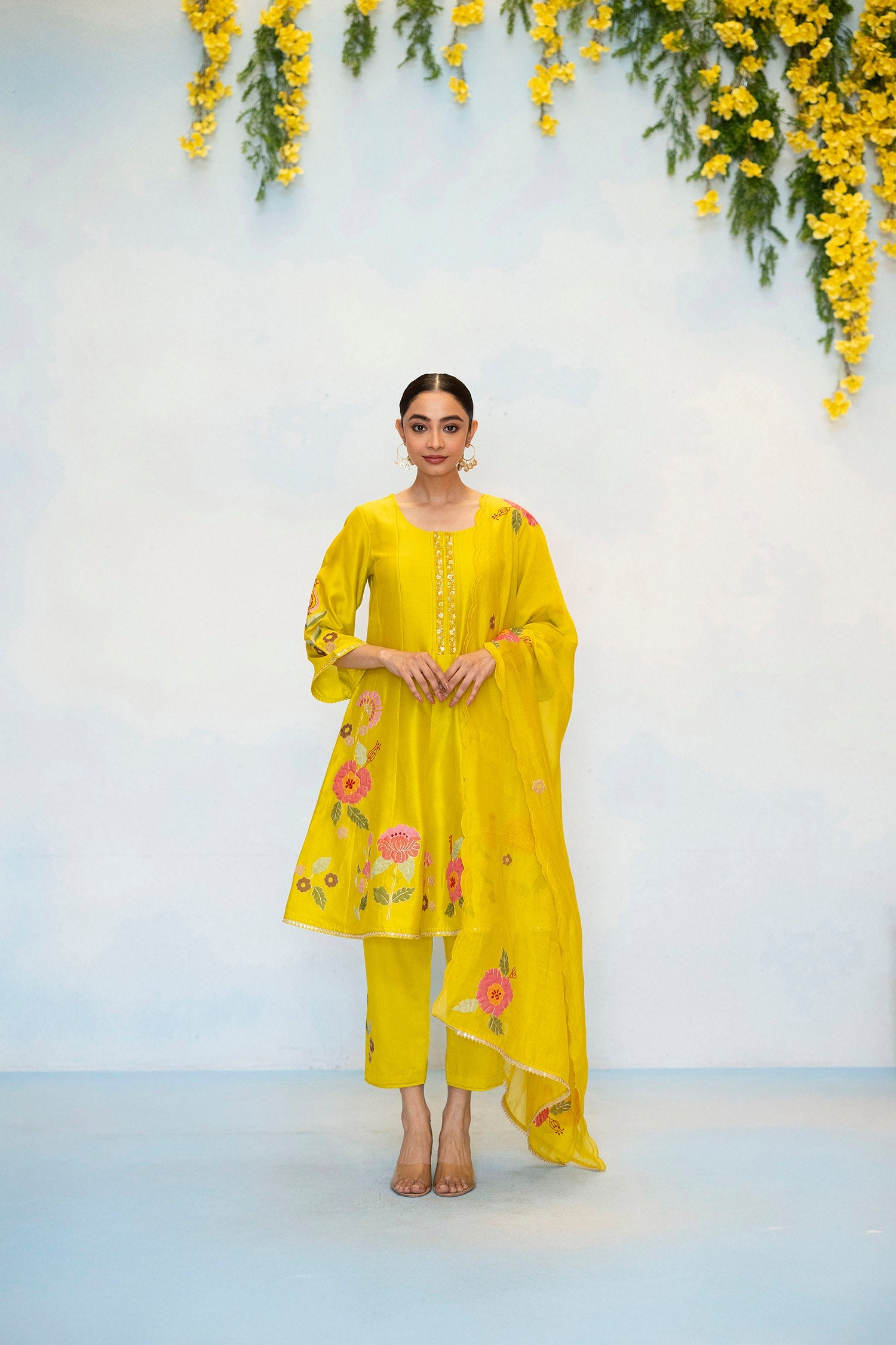 Gul Silk Chanderi Anarkali Set in Yellow Green
