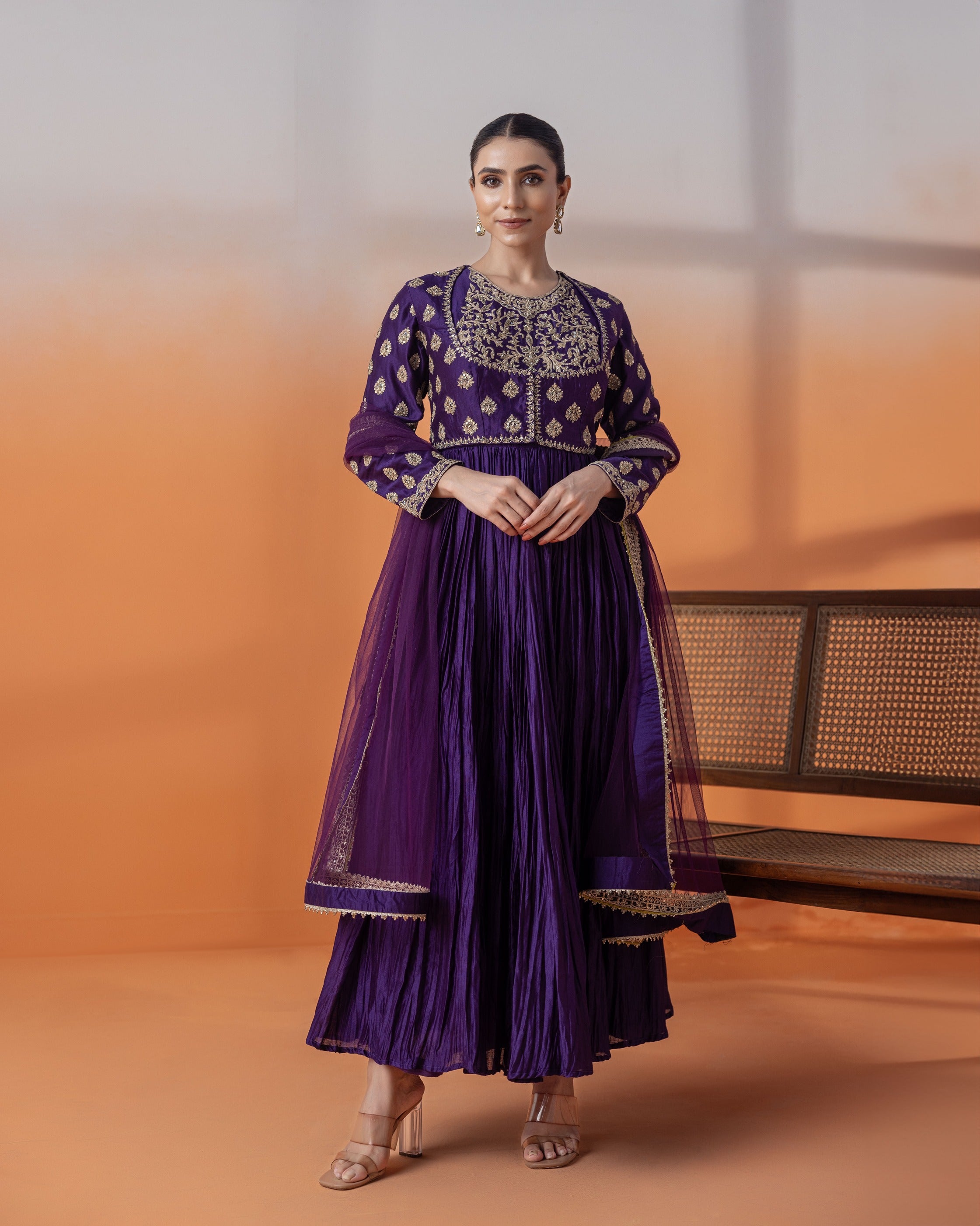 Purple Crepe Dori Anarkali Set