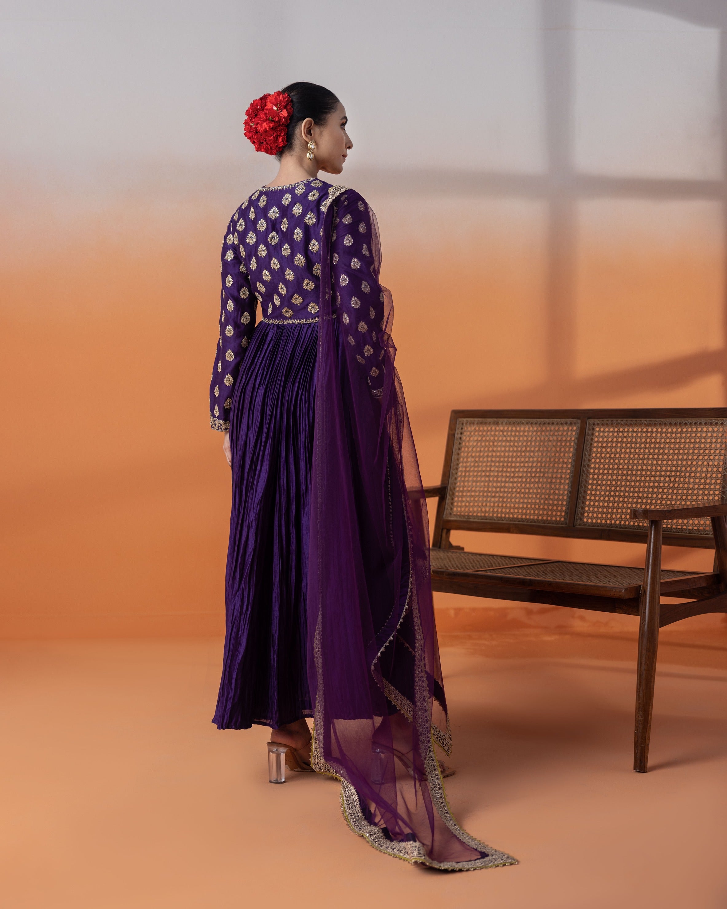 Purple Crepe Dori Anarkali Set