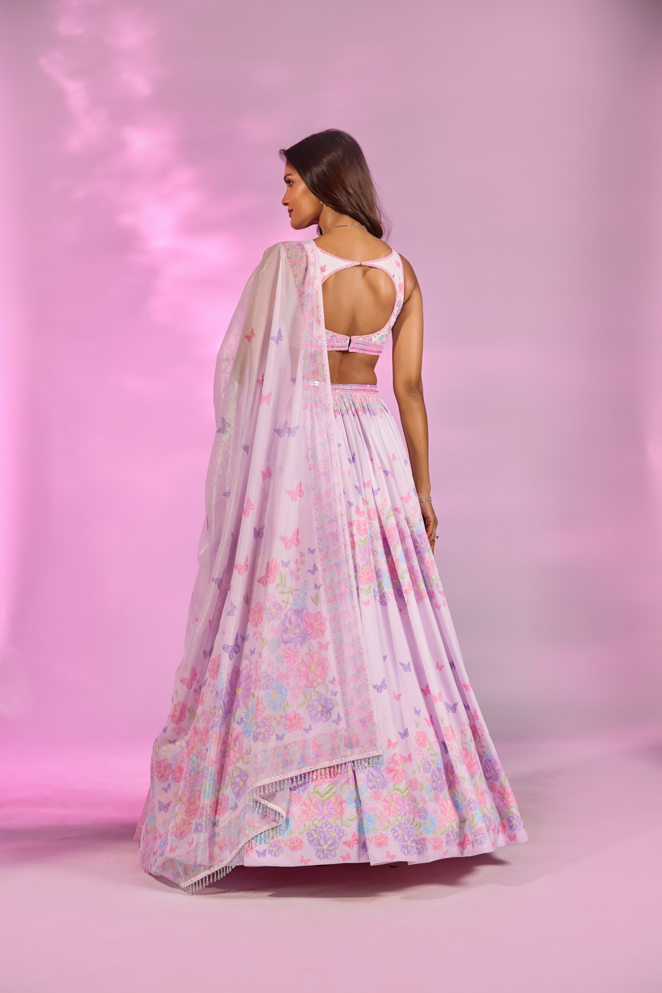 Lilac Flower Printed Embroidered Blouse Lehenga Set