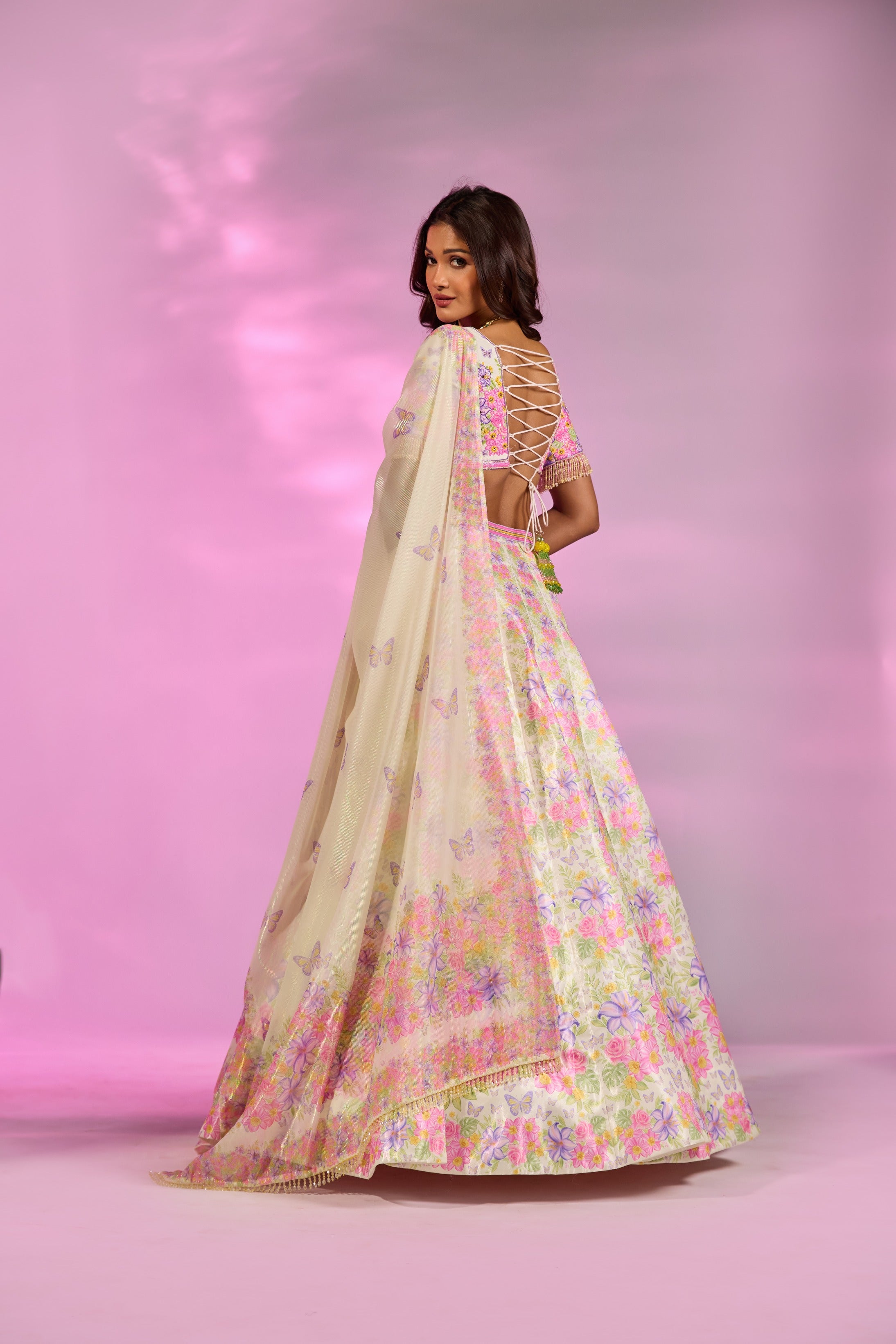 Lemon Yellow Flower Printed Embroidered Blouse Lehenga Set