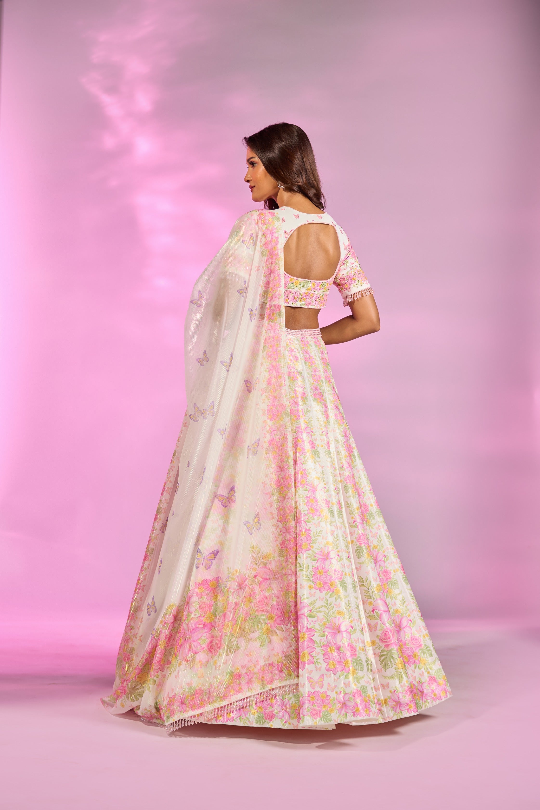 Ivory Pink Printed Embroidered Blouse Lehenga Set