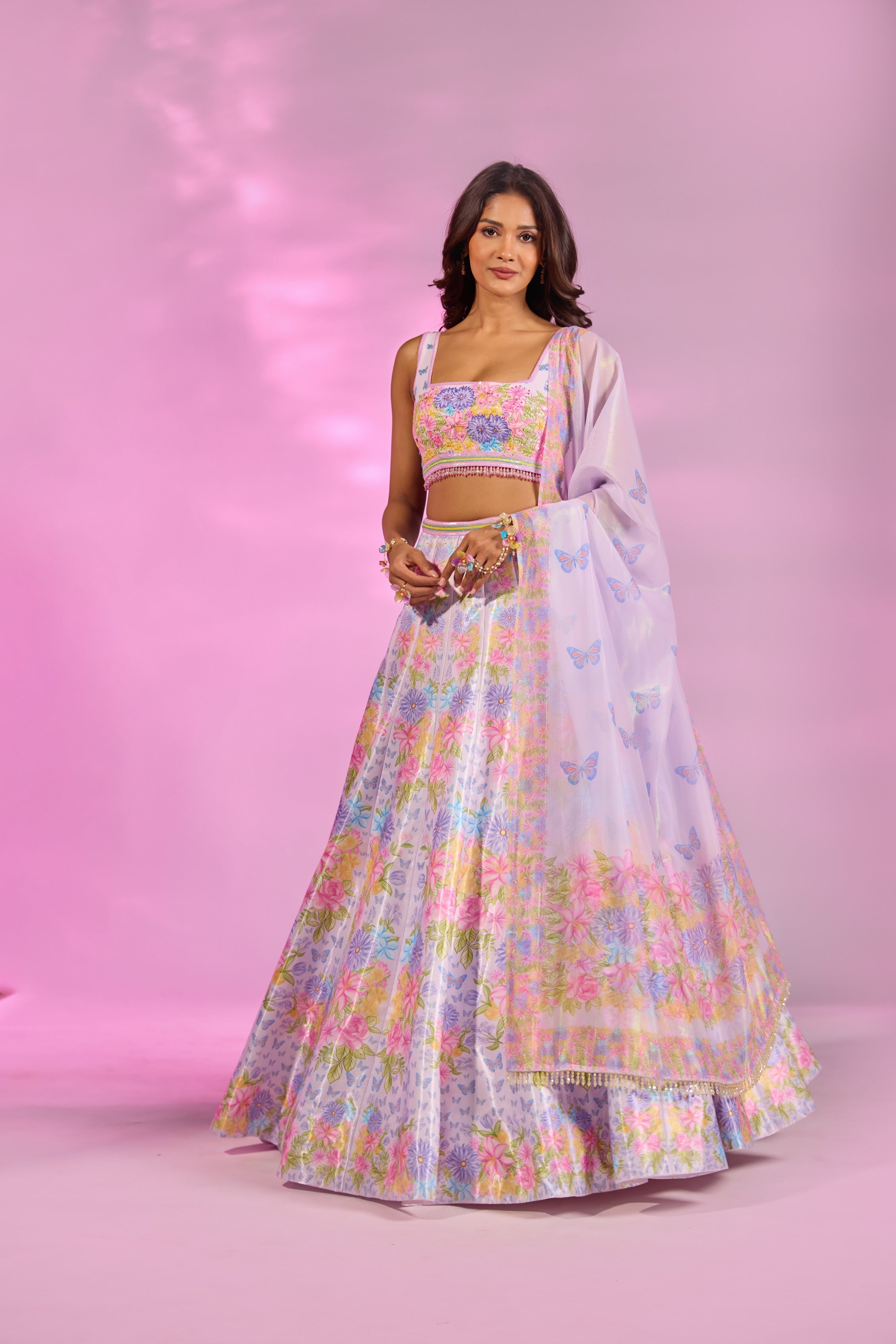 Lilac Printed Embroidered Blouse Lehenga Set