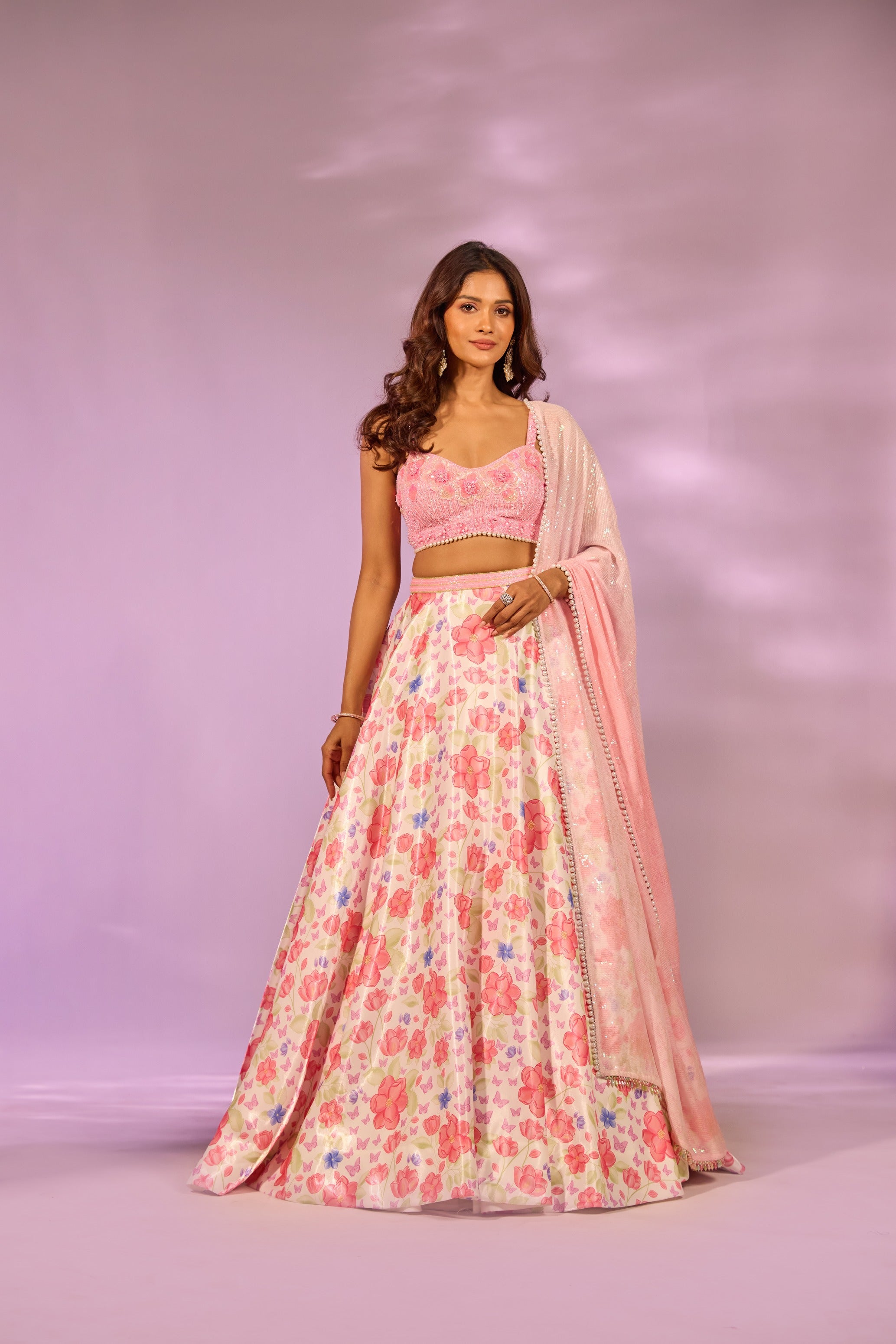 Cherry Ivory Printed Embroidered Blouse Lehenga Set