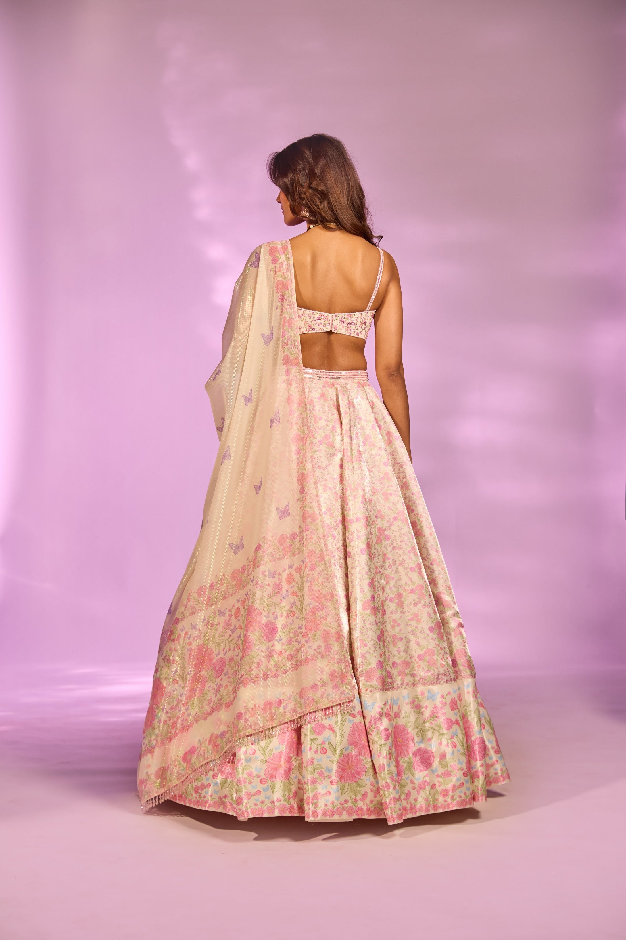 Cream Floral Printed Embroidered Blouse Lehenga Set