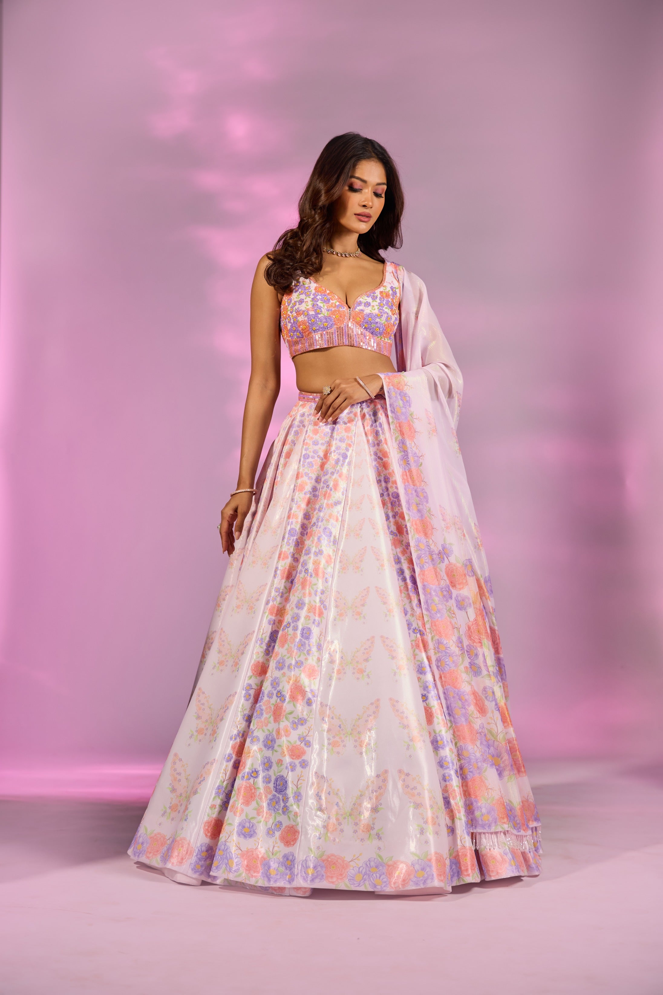 Pink Orange Printed Embroidered Blouse Lehenga Set