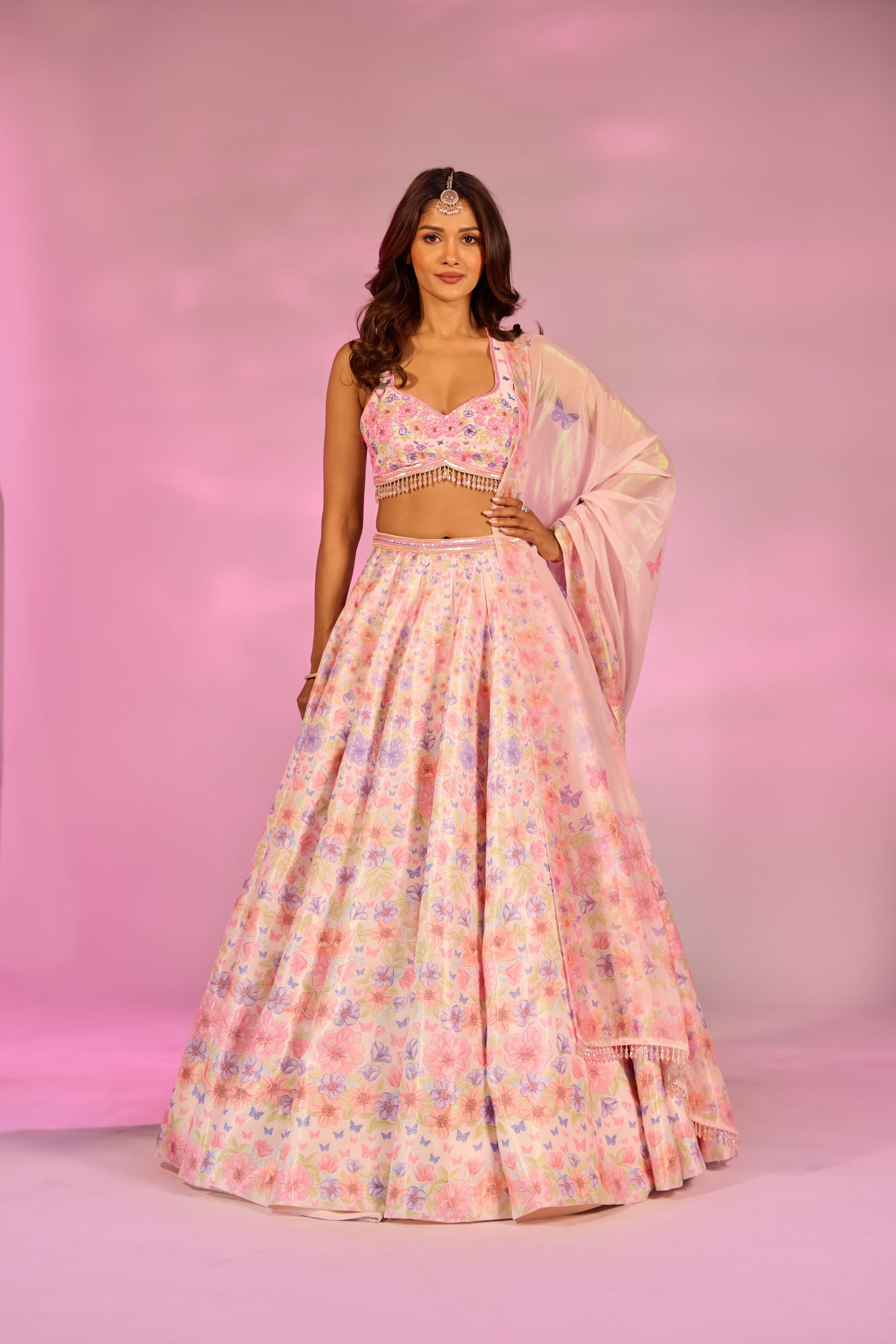 Peach Flower Printed Embroidered Blouse Lehenga Set