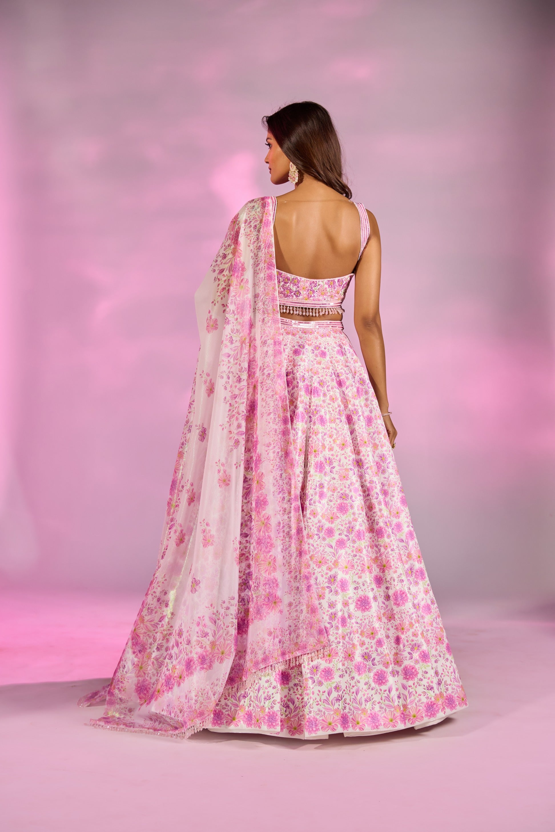 Pink Flower Printed Embroidered Blouse Lehenga Set