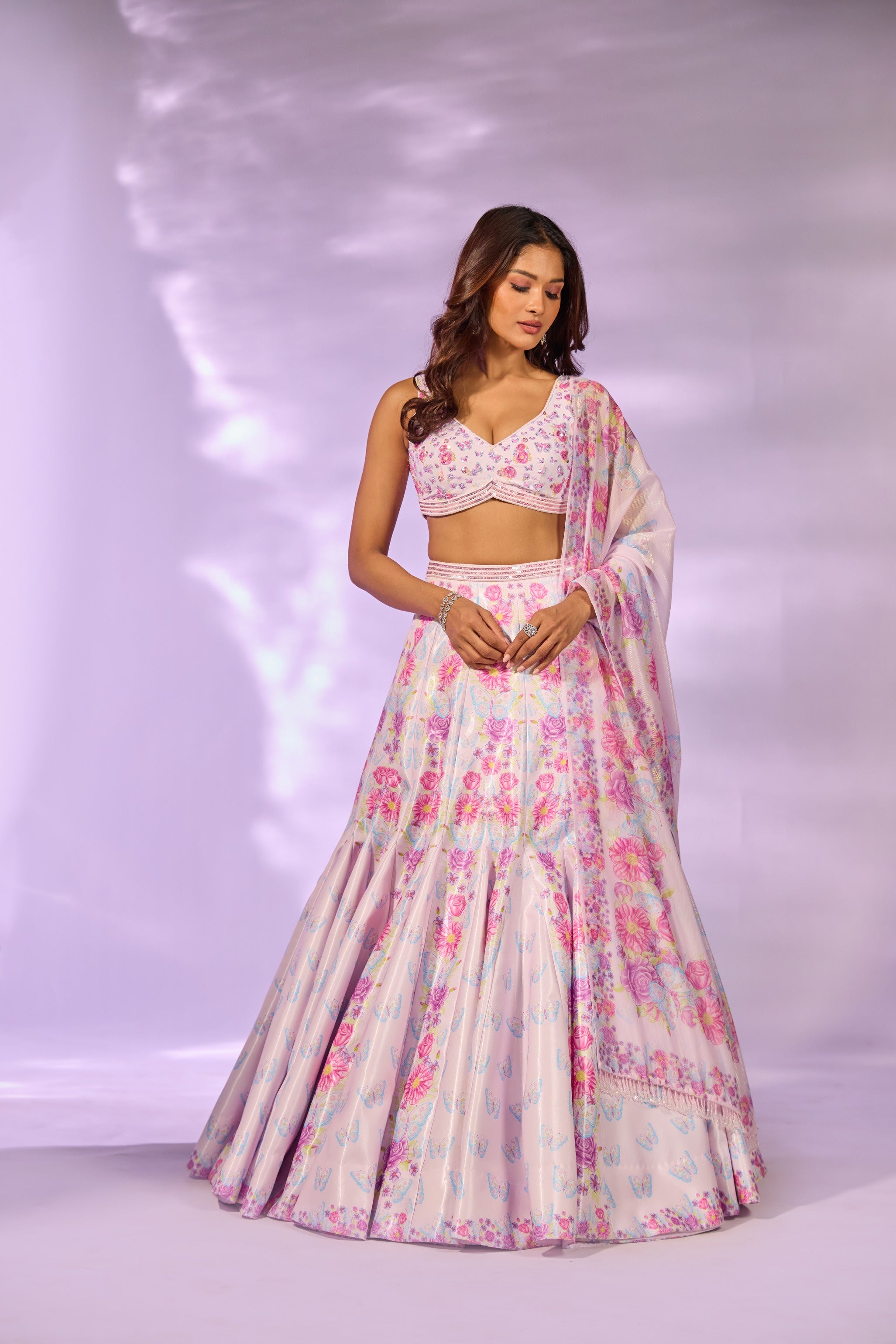 Pink Flower Printed Embroidered Blouse Lehenga Set