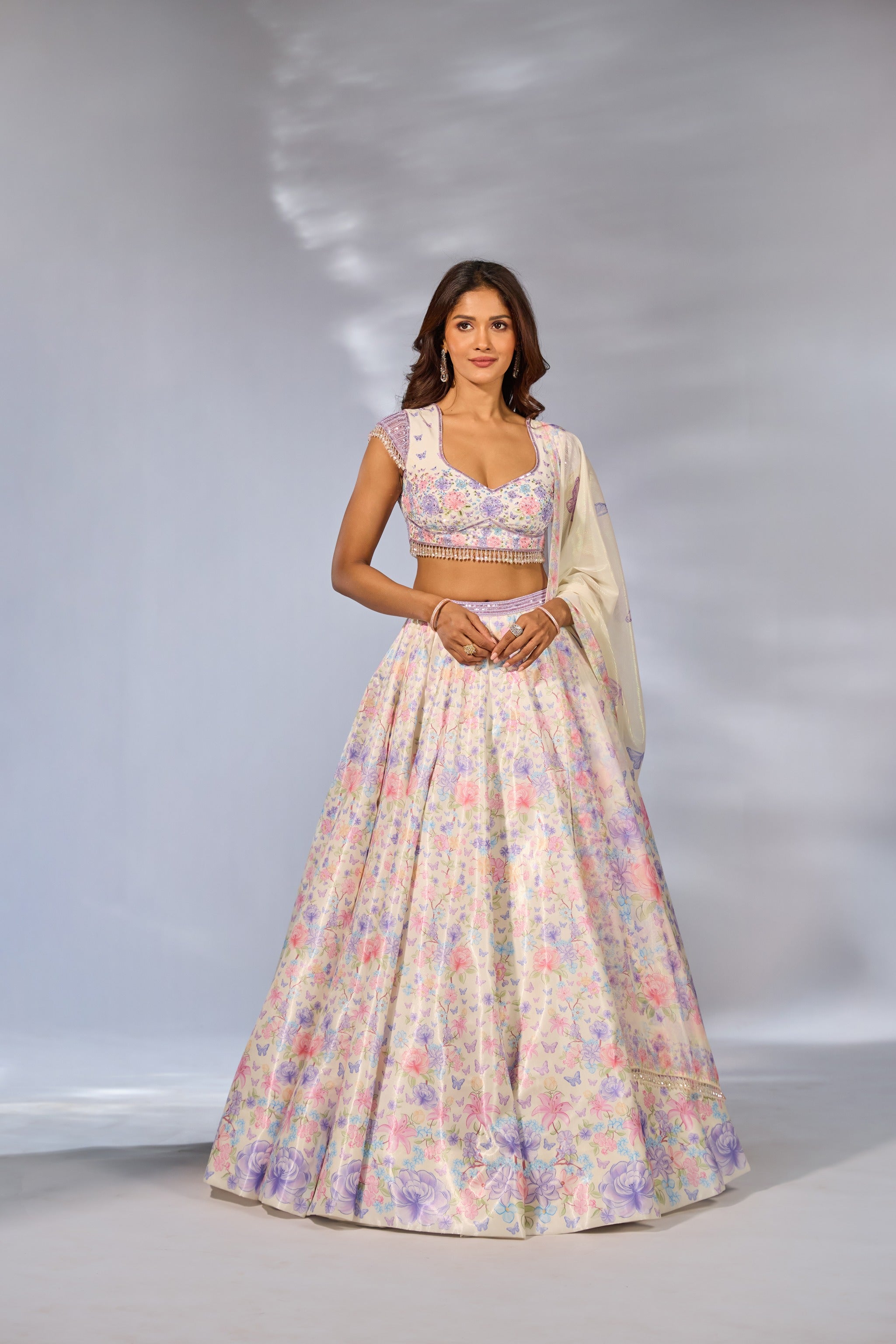 Ivory Flower Printed Embroidered Blouse Lehenga Set