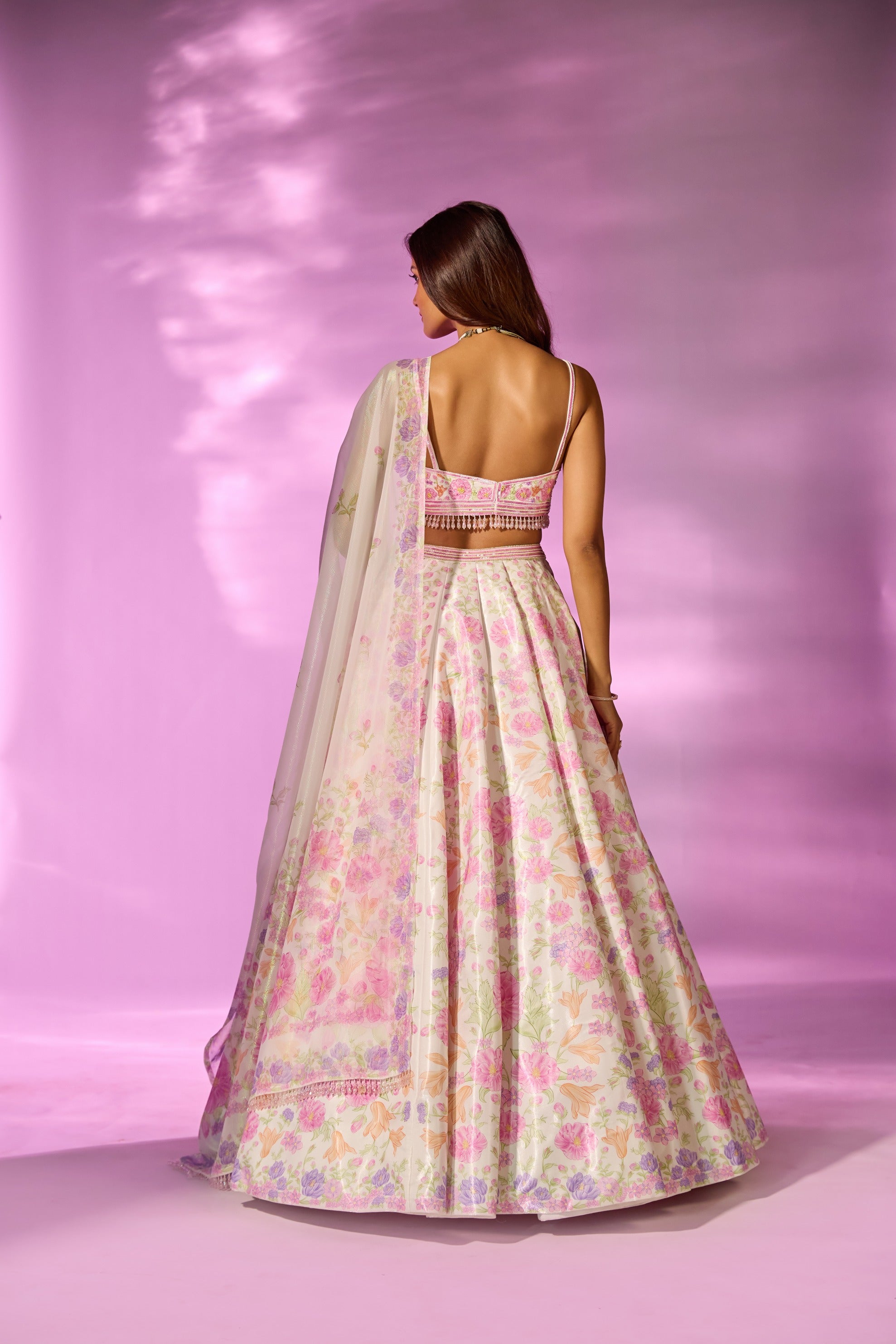 Ivory Pink Printed Embroidered Blouse Lehenga Set