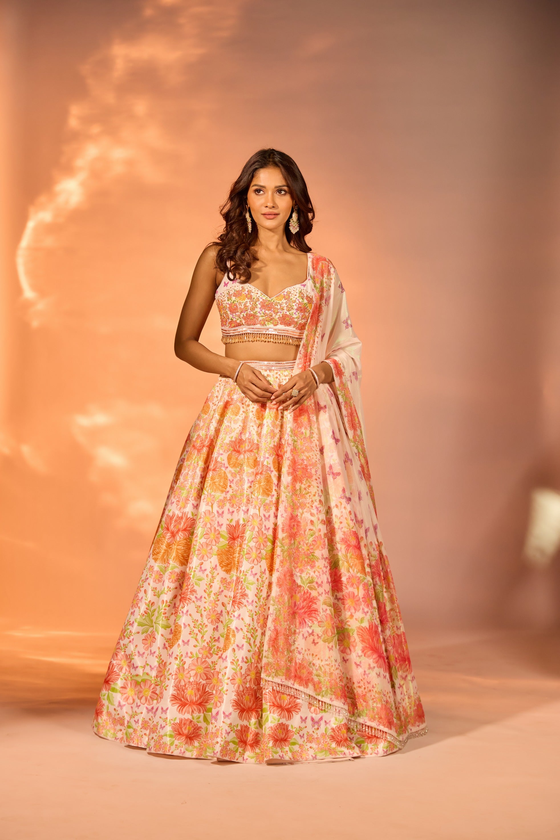 Orange Flower Printed Embroidered Blouse Lehenga Set