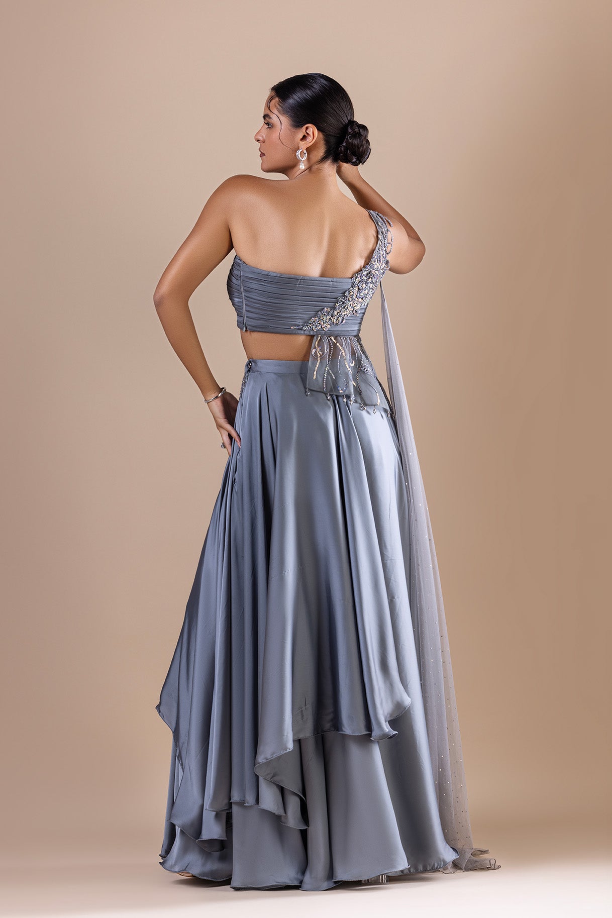 Grey Armani Satin Crop Top And Skirt