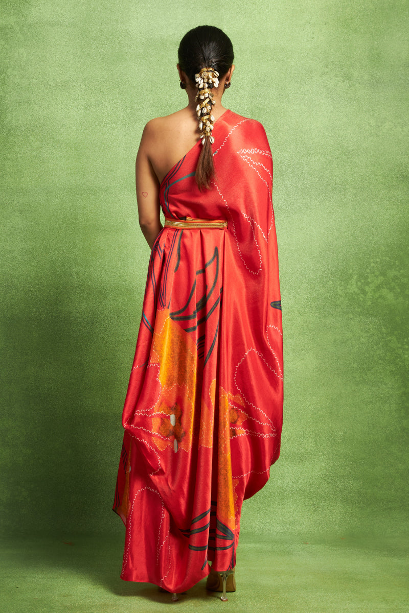 Red Abstract Printed One Shoulder Drape