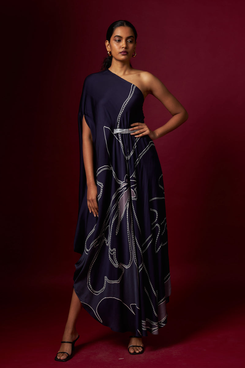 Blue Abstract Printed One Shoulder Drape