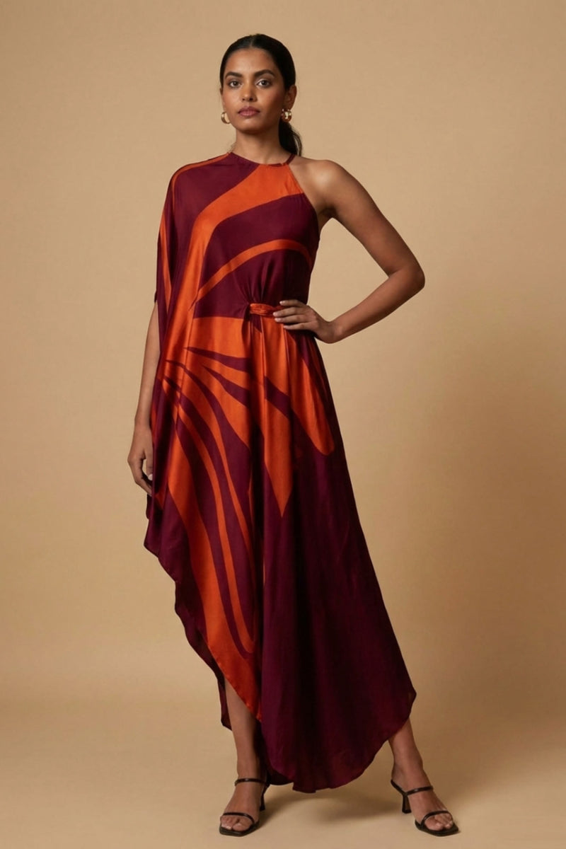 Abstract Print Maroon In-Cut Drape