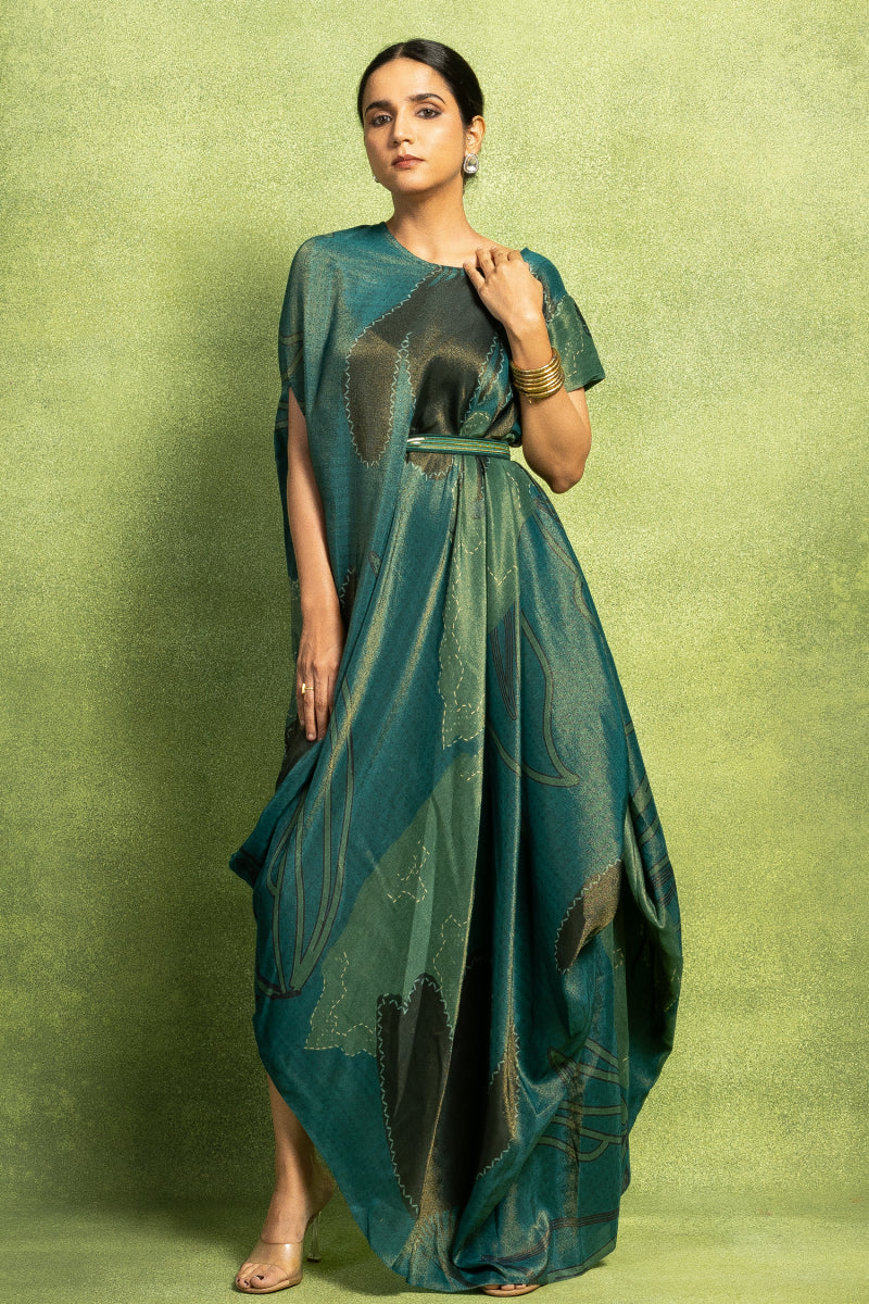 Teal Abstract Printed Drape with Sleeves