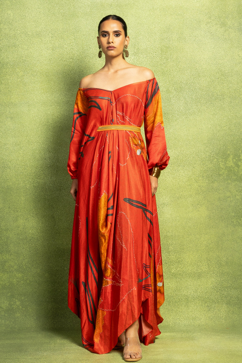 Red Abstract Printed Wide Neck Drape