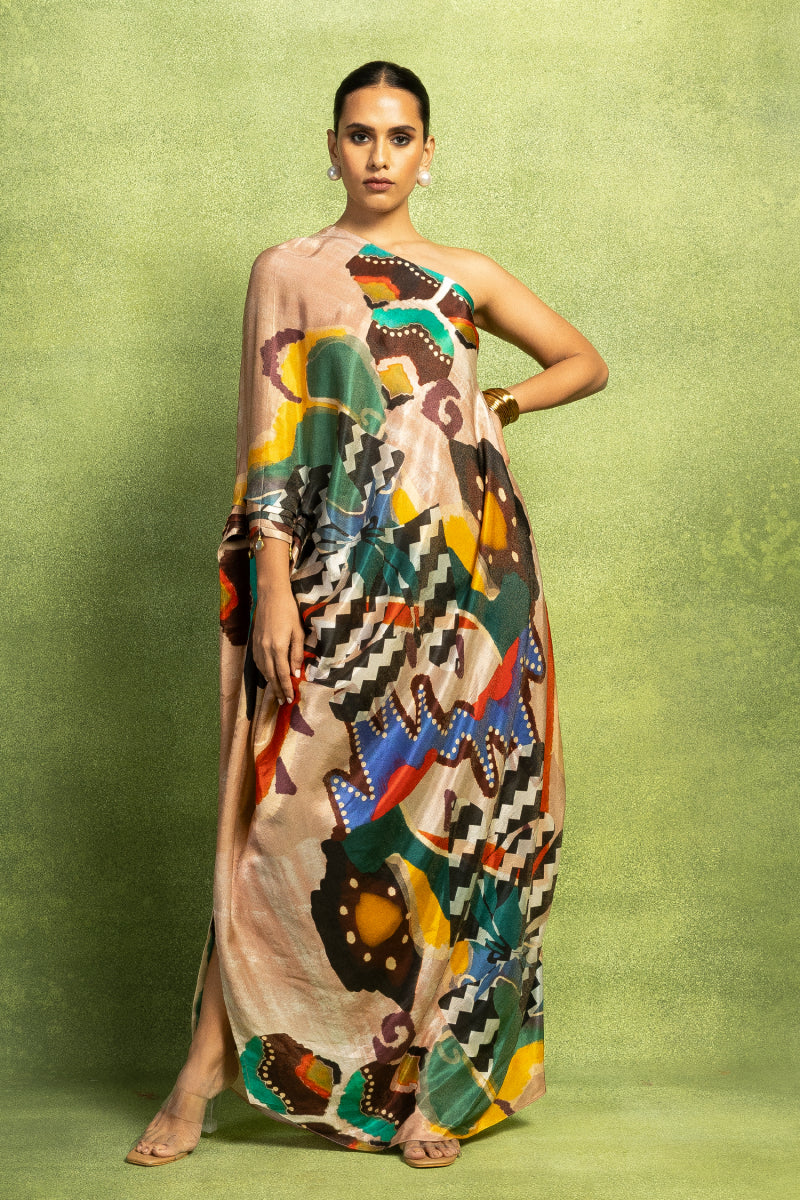 Beige One Shoulder Drape with Drawstring