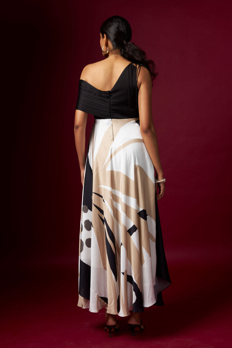 Black & White Abstract Print One Shoulder Dress
