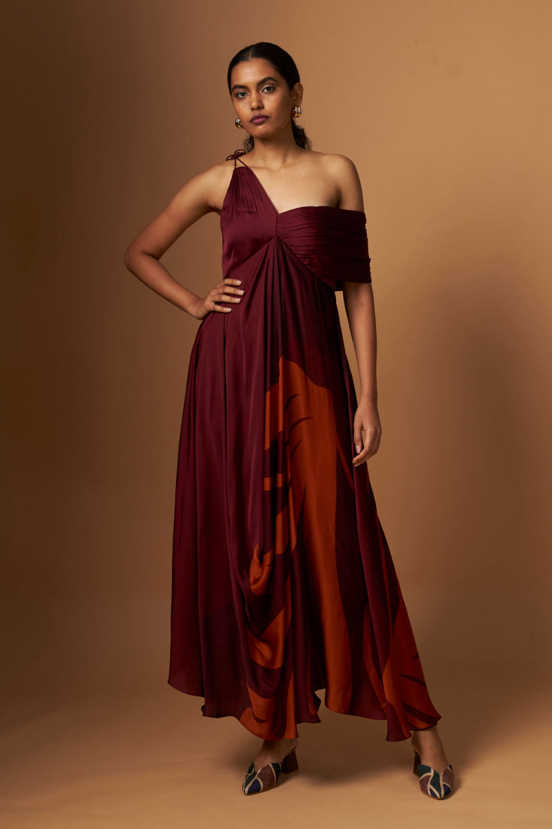 Maroon Abstract Print One Shoulder Dress