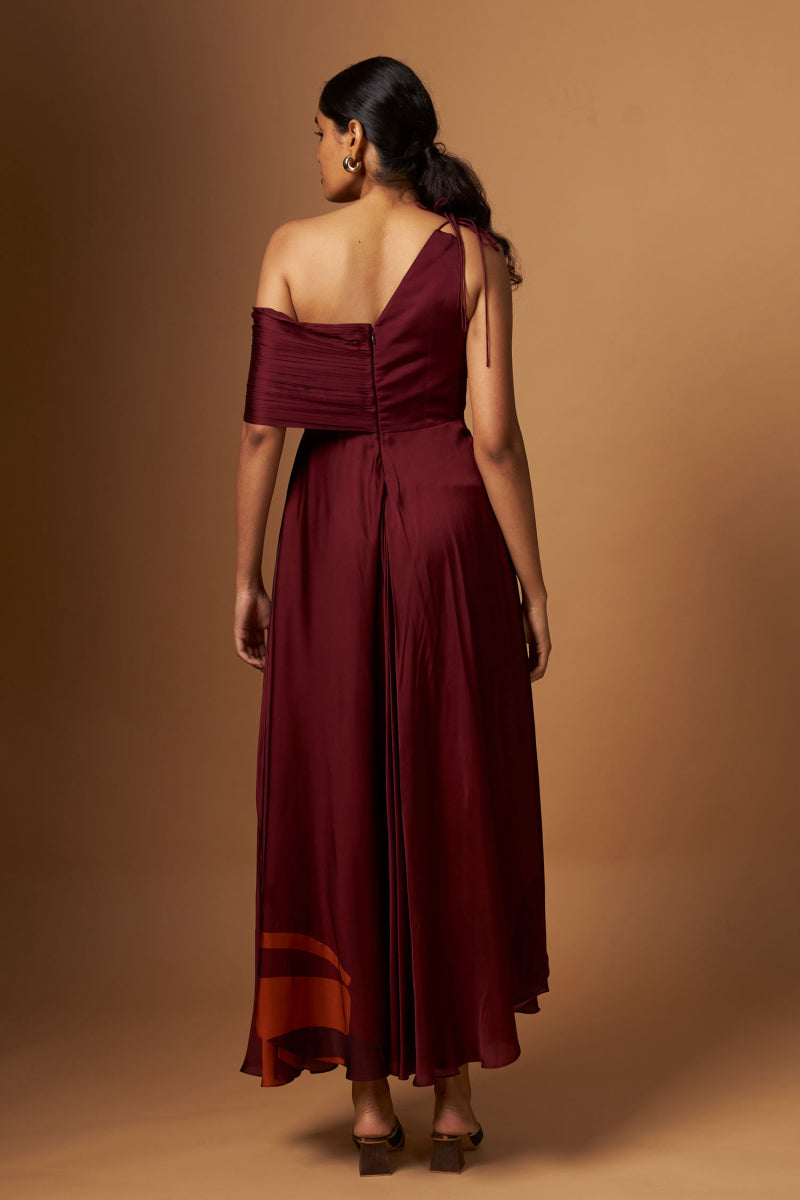 Maroon Abstract Print One Shoulder Dress
