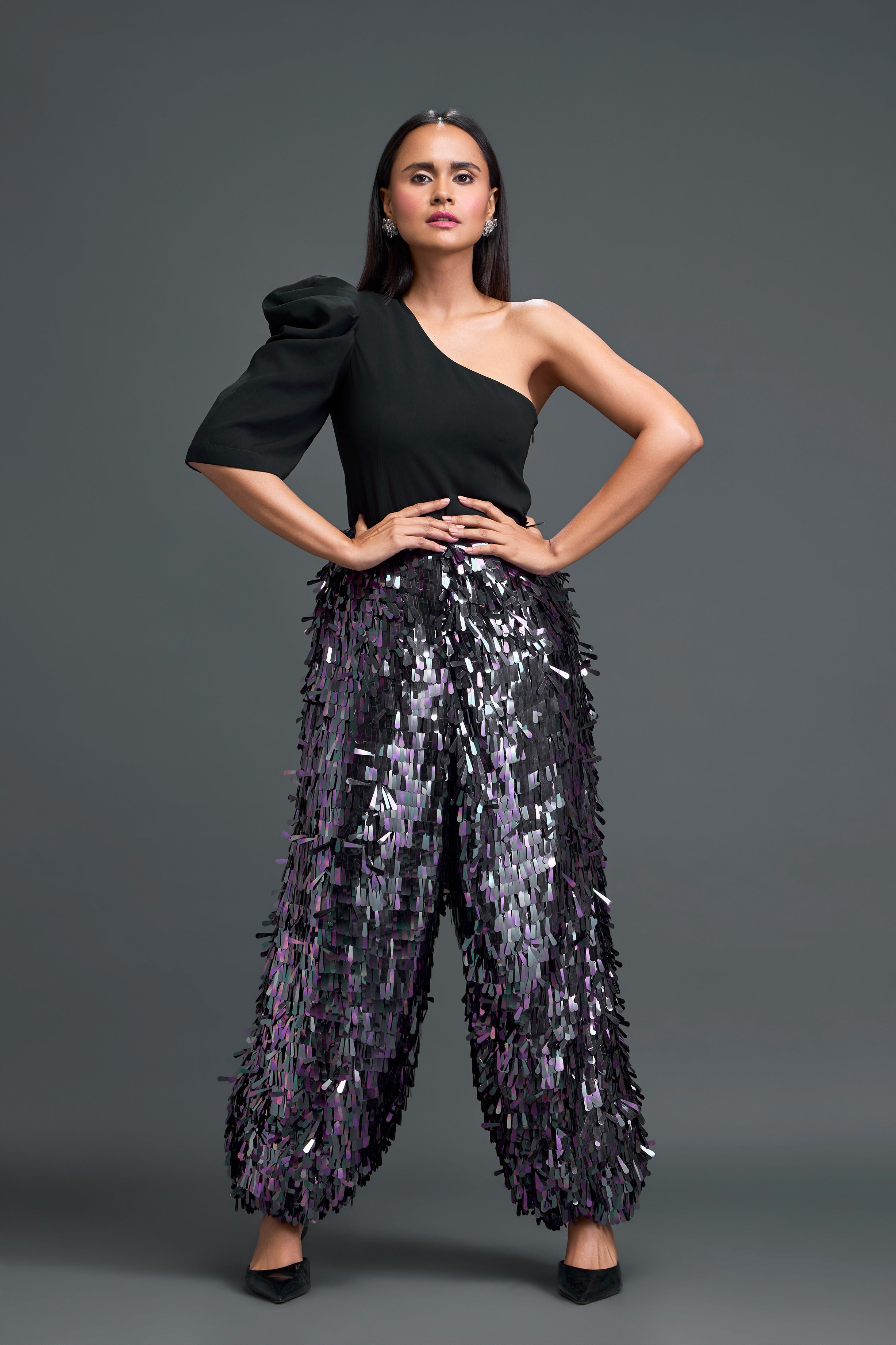One-Shoulder Bodysuit & Rainbow Fringe Trousers