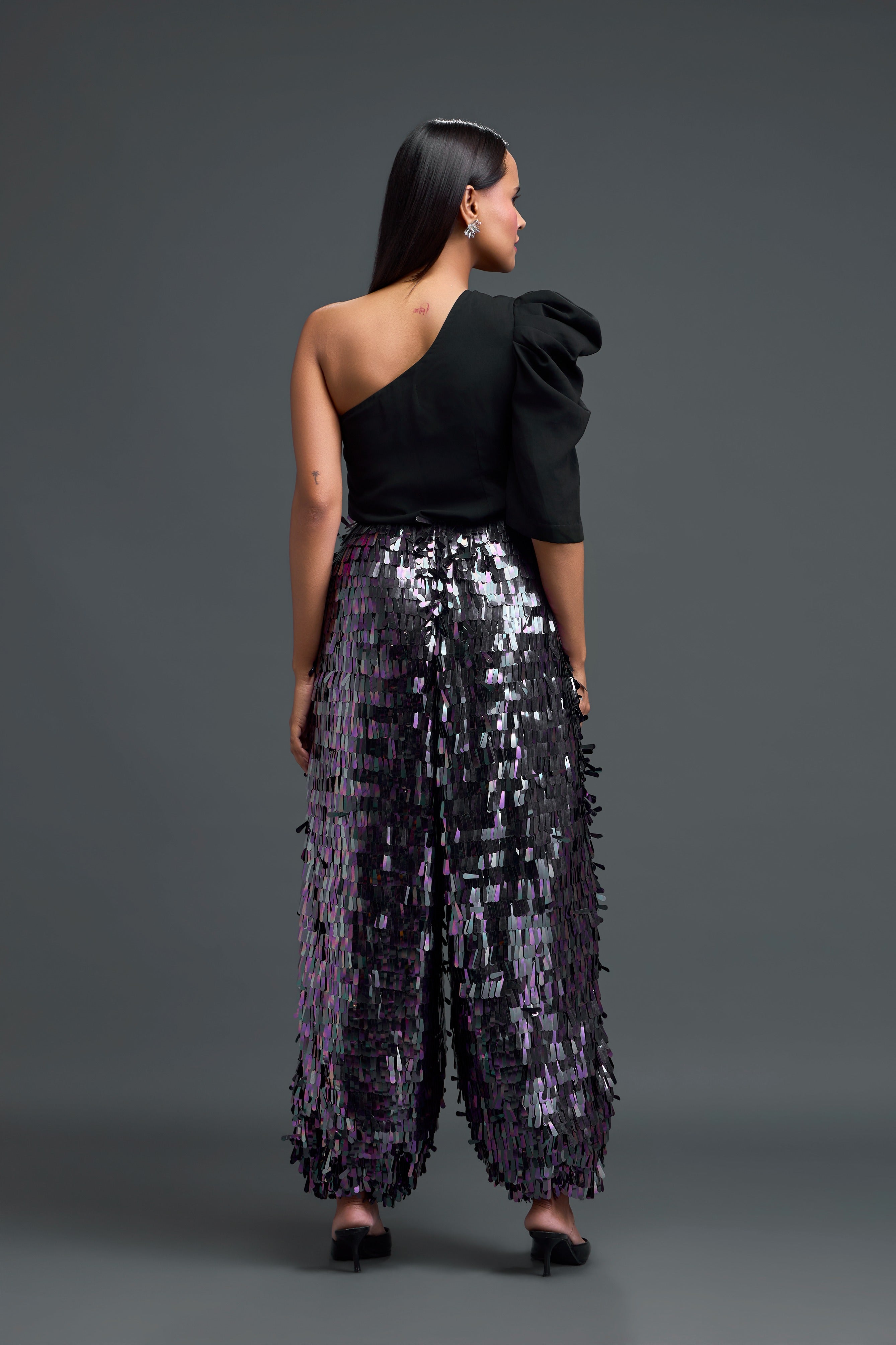 One-Shoulder Bodysuit & Rainbow Fringe Trousers