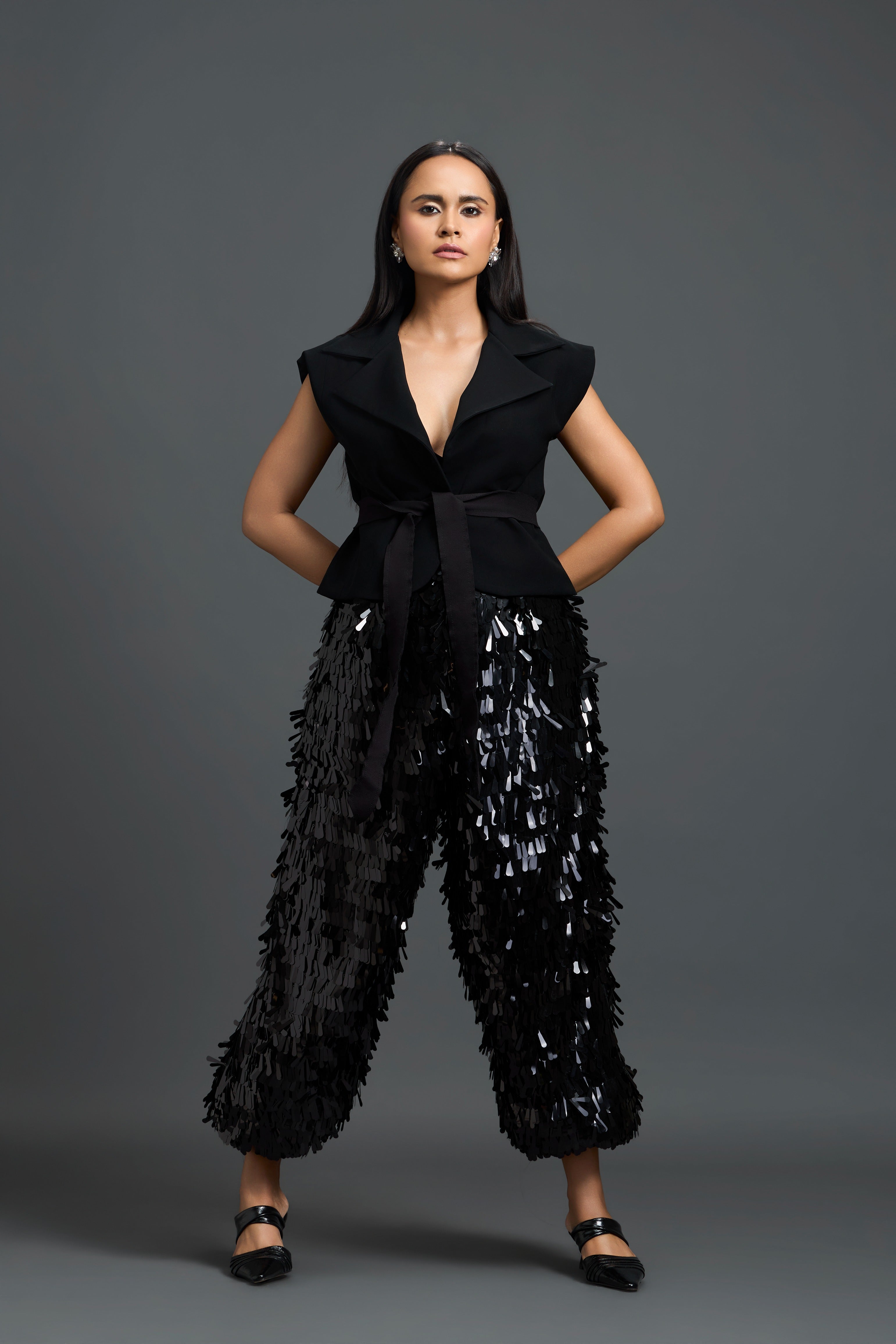 Blazer Top & Black Fringe Trousers