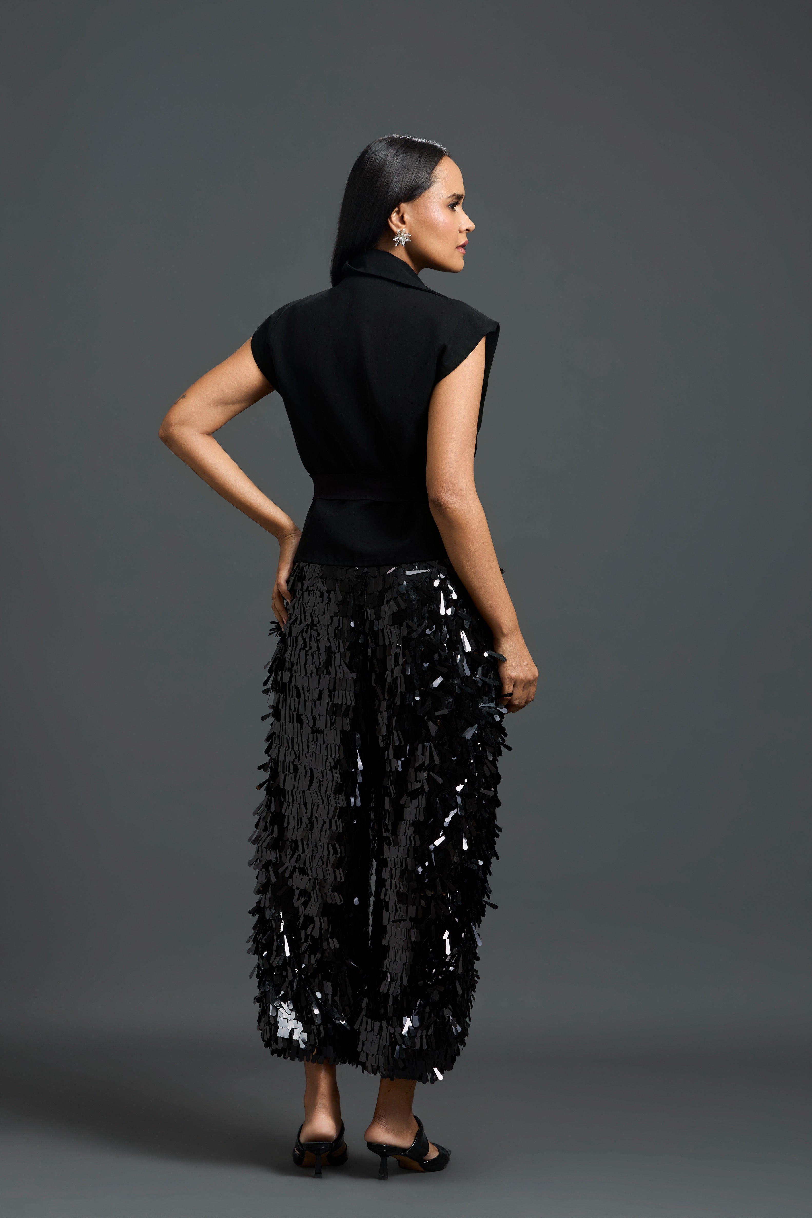 Blazer Top & Black Fringe Trousers