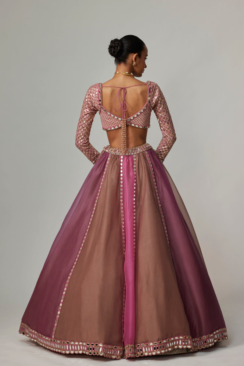 MUD MAUVE MULTICOLOR LEHENGA WITH SWEETHEART FULL SLEEVE BLOUSE