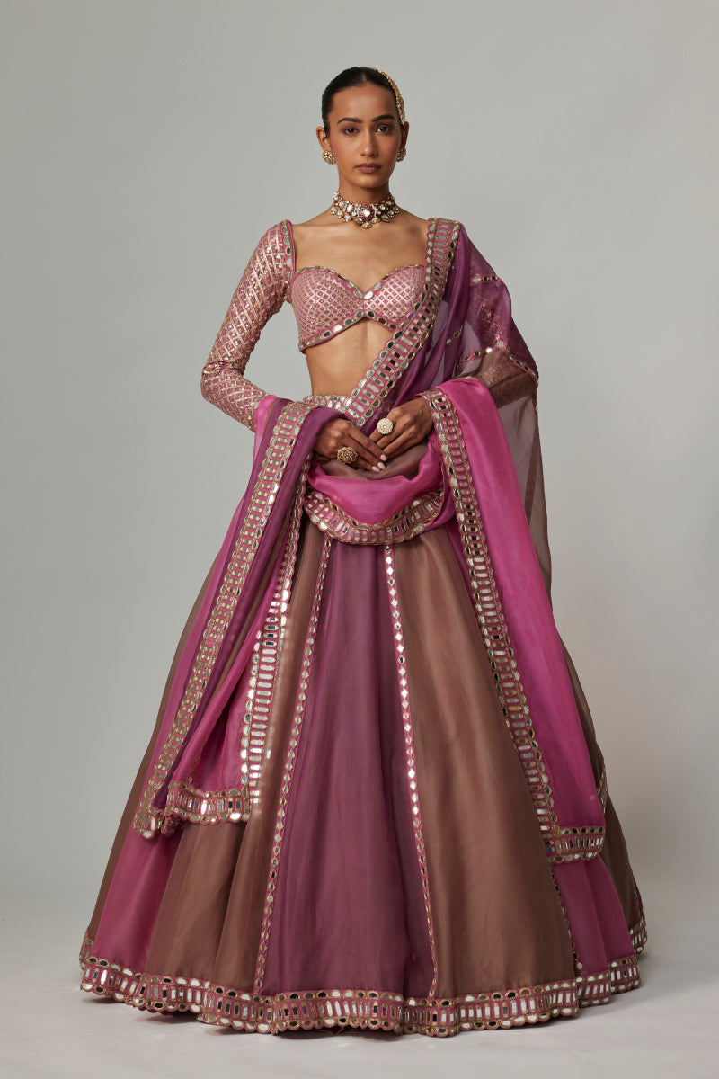 MUD MAUVE MULTICOLOR LEHENGA WITH SWEETHEART FULL SLEEVE BLOUSE