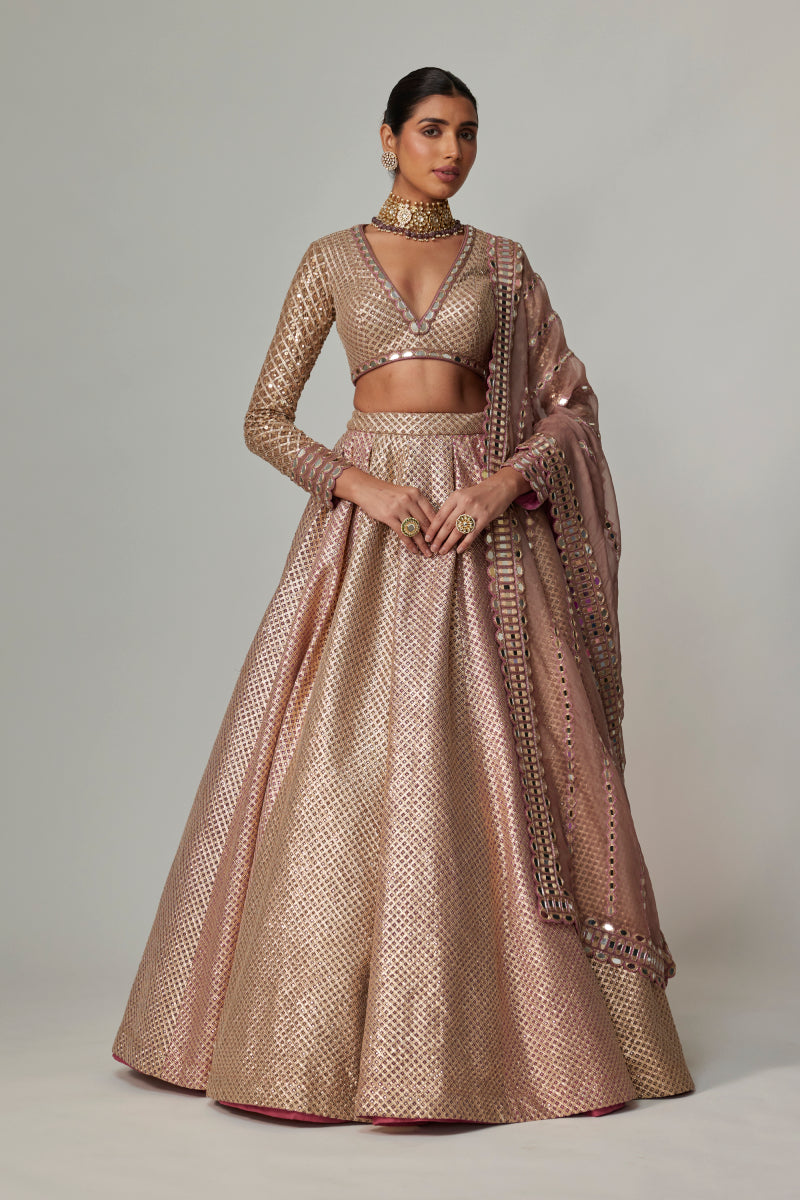 DEEP BEIGE MULTICOLOR SKIRT WITH V NECK FULL SLEEVE BLOUSE