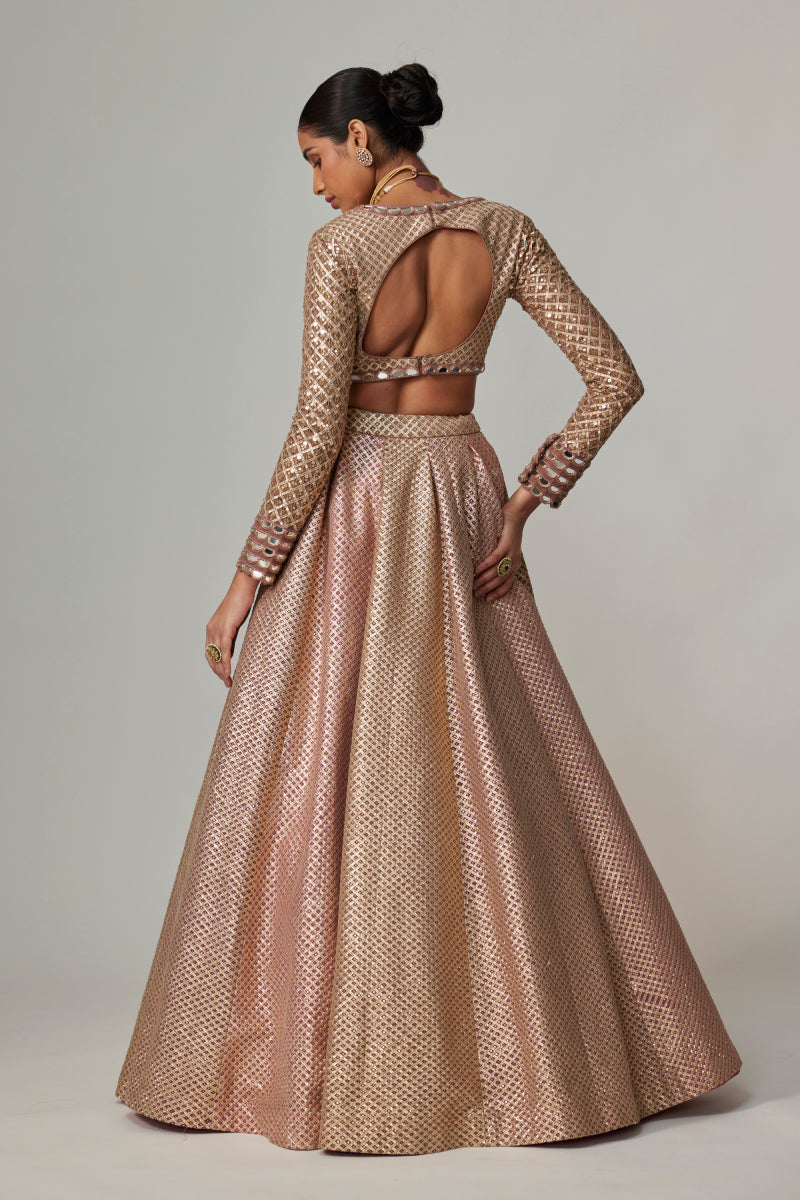 DEEP BEIGE MULTICOLOR SKIRT WITH V NECK FULL SLEEVE BLOUSE