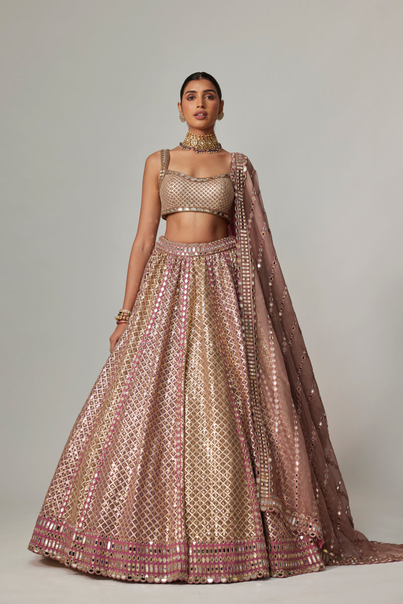 DEEP BEIGE MULTICOLOR METALLIC LEHENGA WITH SQUARE NECK BLOUSE