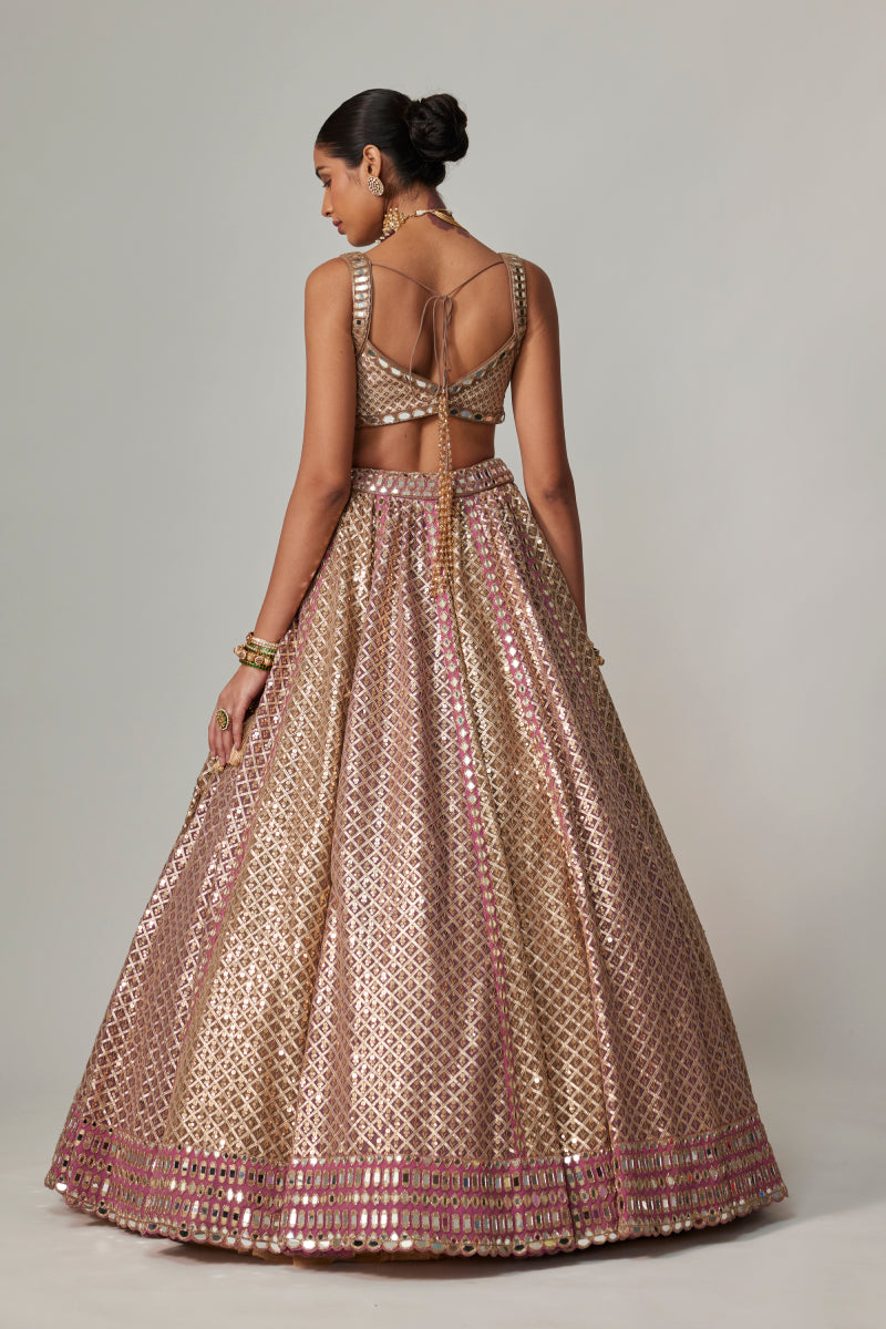 DEEP BEIGE MULTICOLOR METALLIC LEHENGA WITH SQUARE NECK BLOUSE