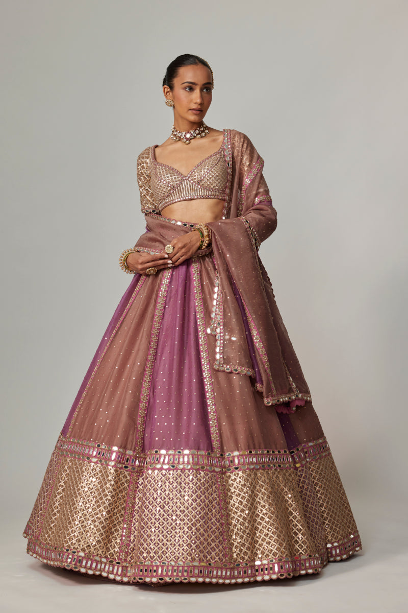 MUD MAUVE MULTICOLOR SEQUIN SCATTER LEHENGA WITH ELBOW SLEEVE BLOUSE