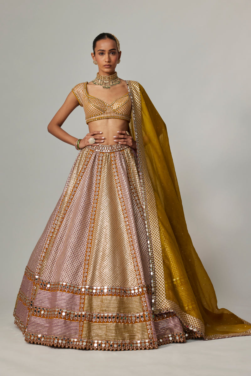 MUSTARD MULTICOLOR HEAVY METALLIC LEHENGA WITH GREEN DUPATTA